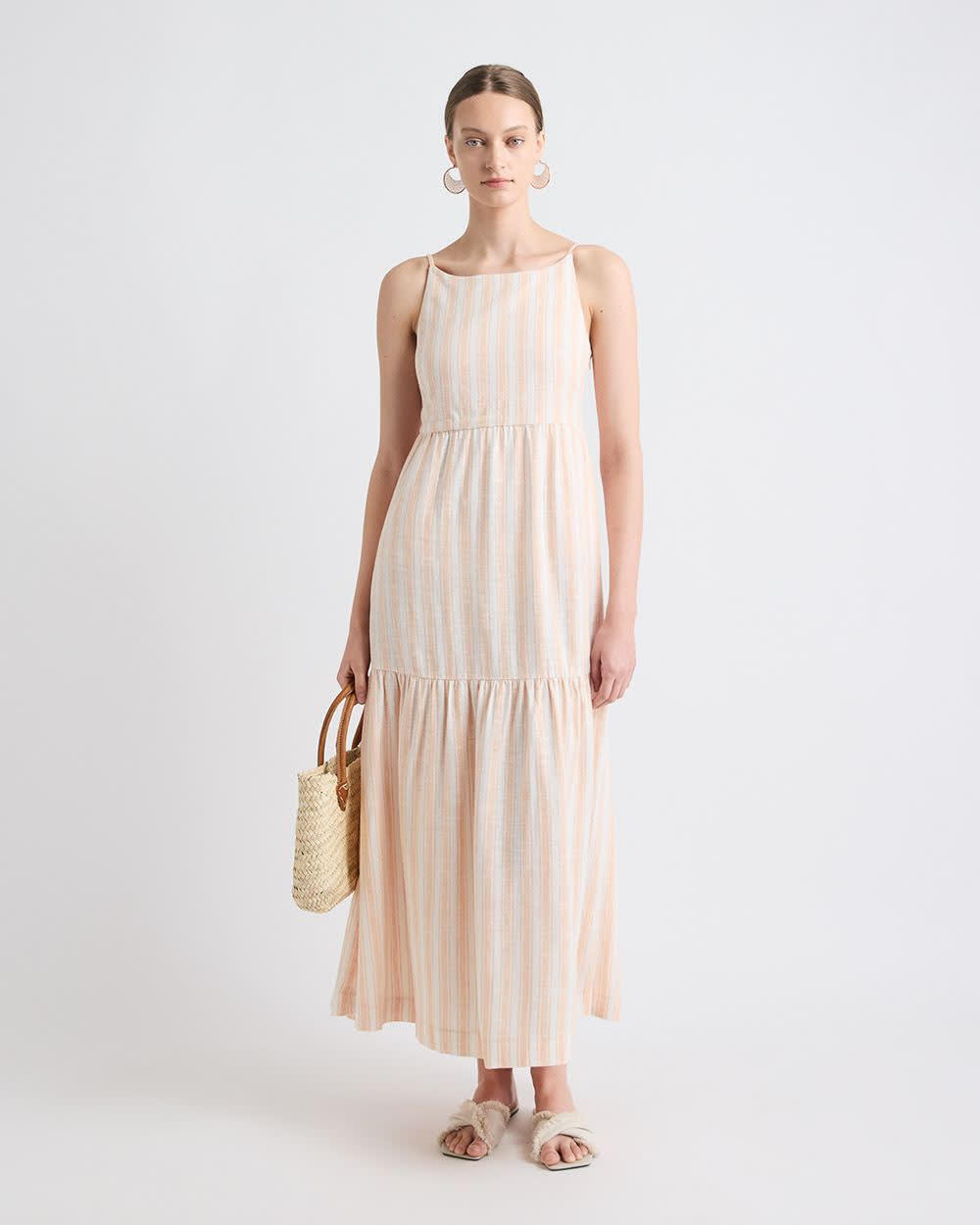 Sleeveless Square-Neck Linen-Blend Straight Maxi Dress