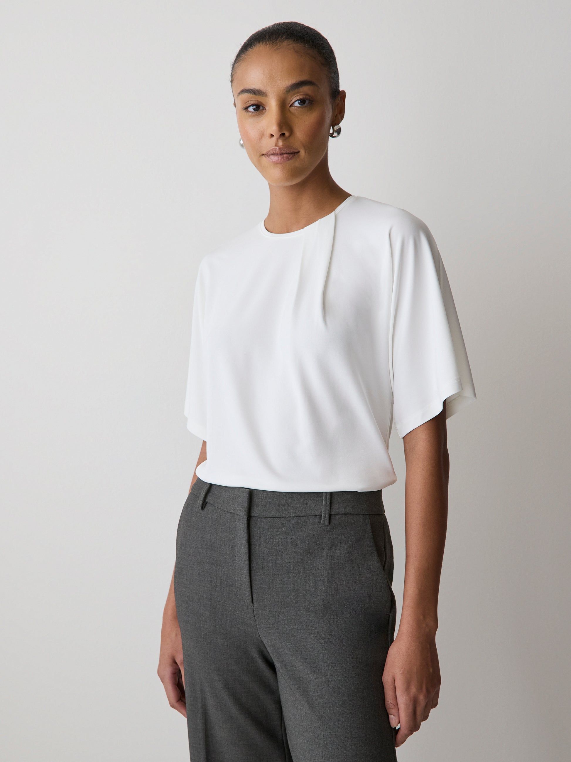 Short-Sleeve Crew-Neck Top with Pleated Detail