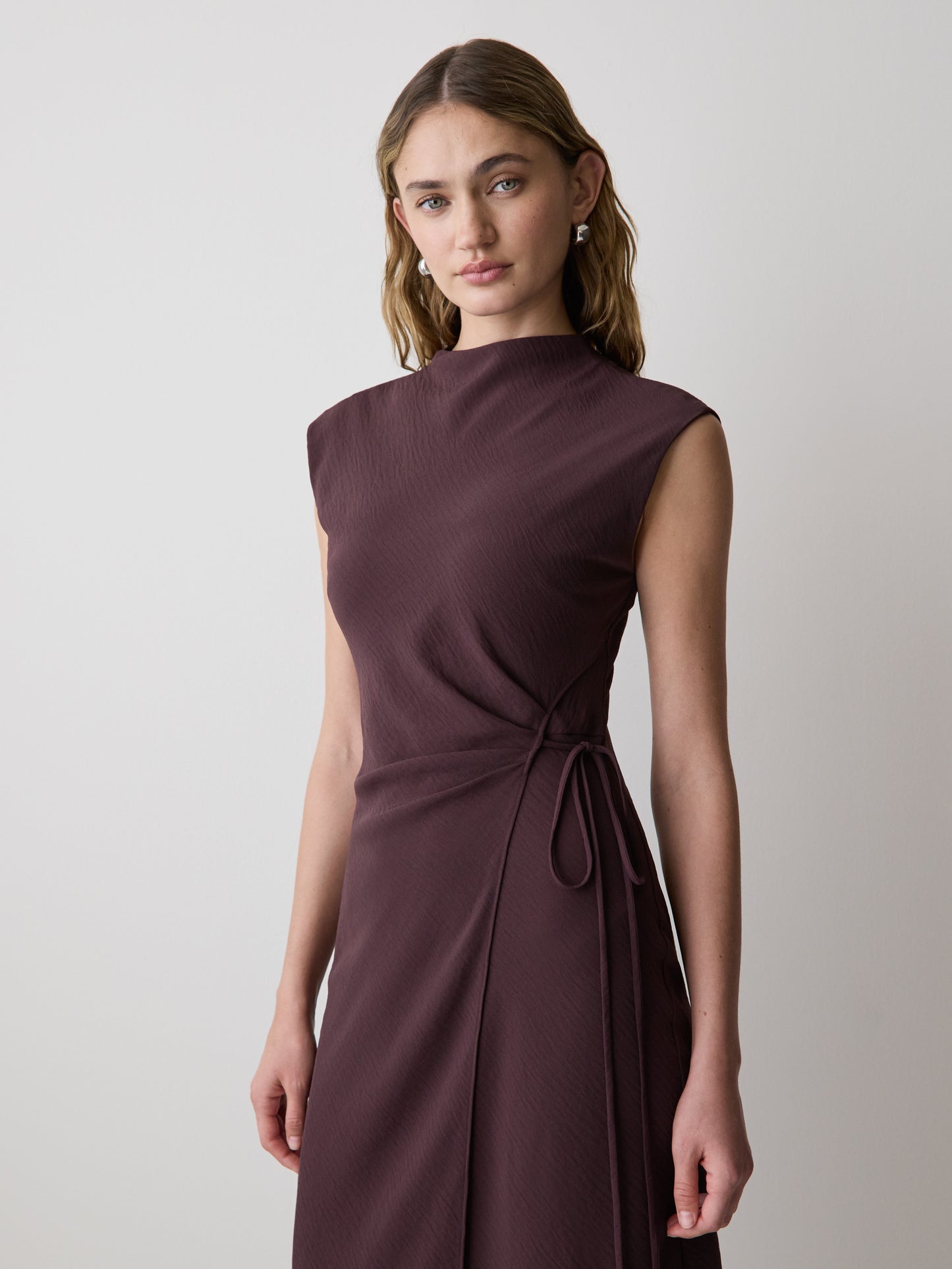 Extended-Sleeve Mock-Neck Midi Dress with Wrap Detail