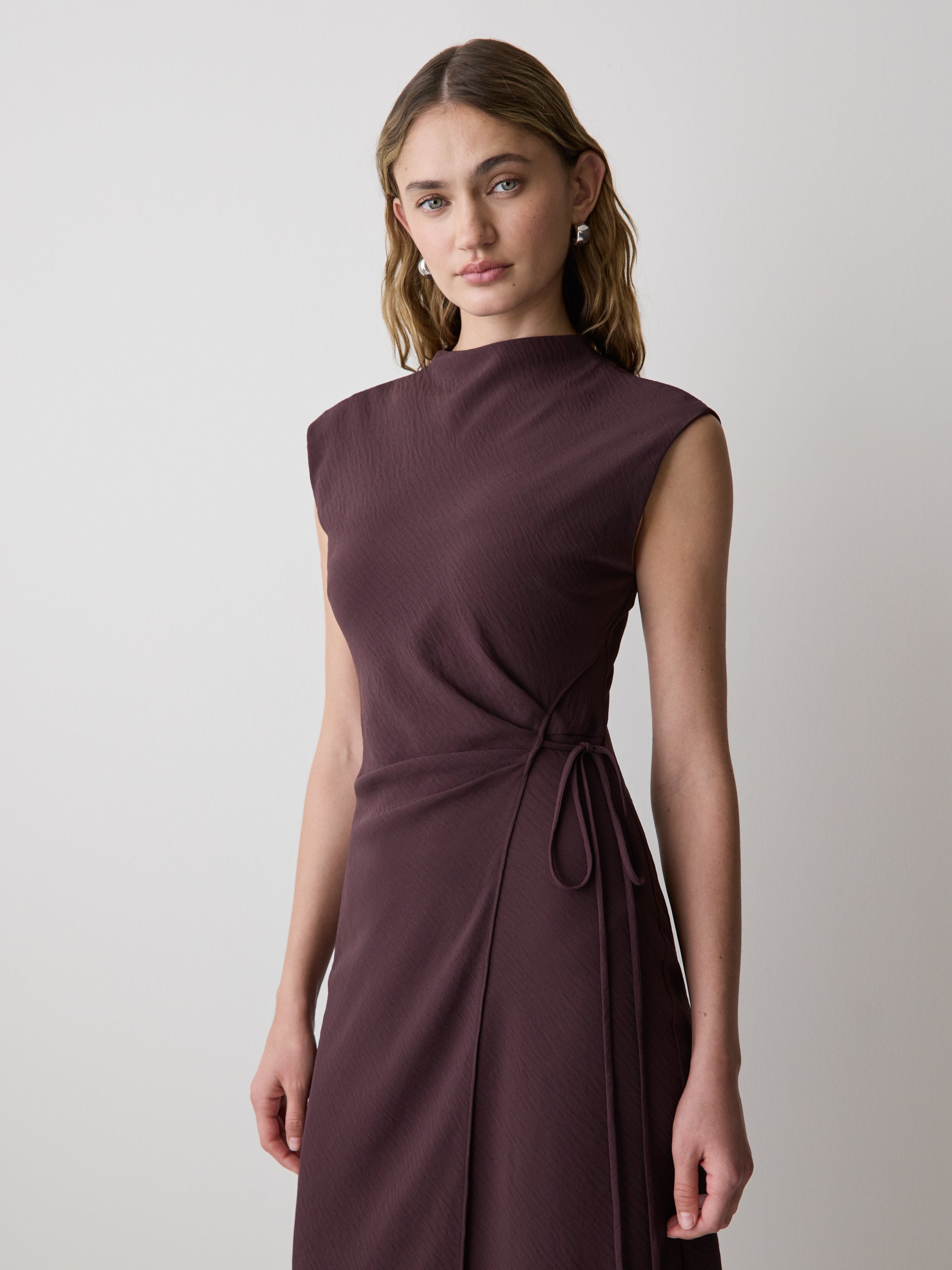 Extended-Sleeve Mock-Neck Midi Dress with Wrap Detail