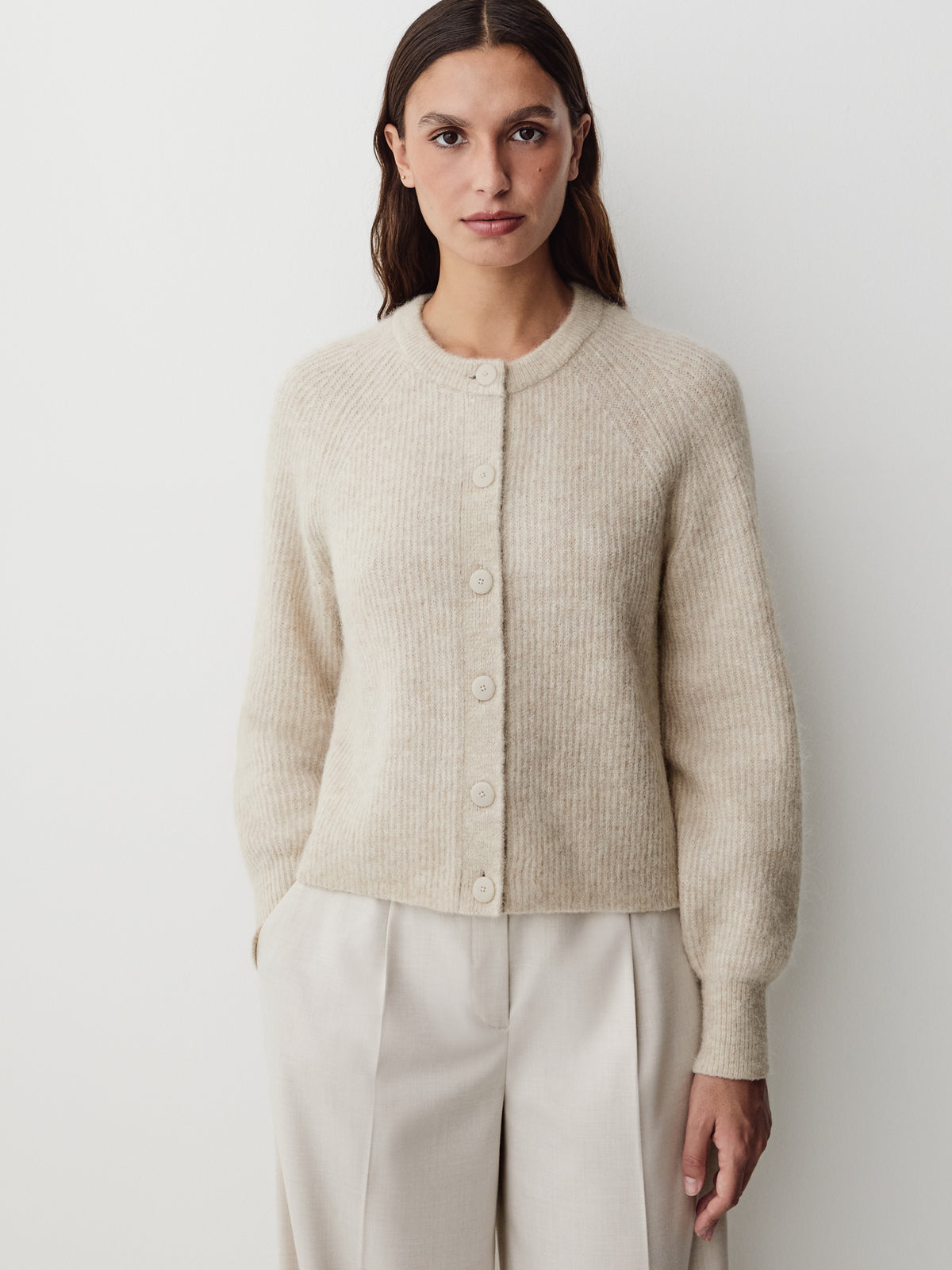 Wool-Blend Long-Sleeve Crew-Neck Cardigan