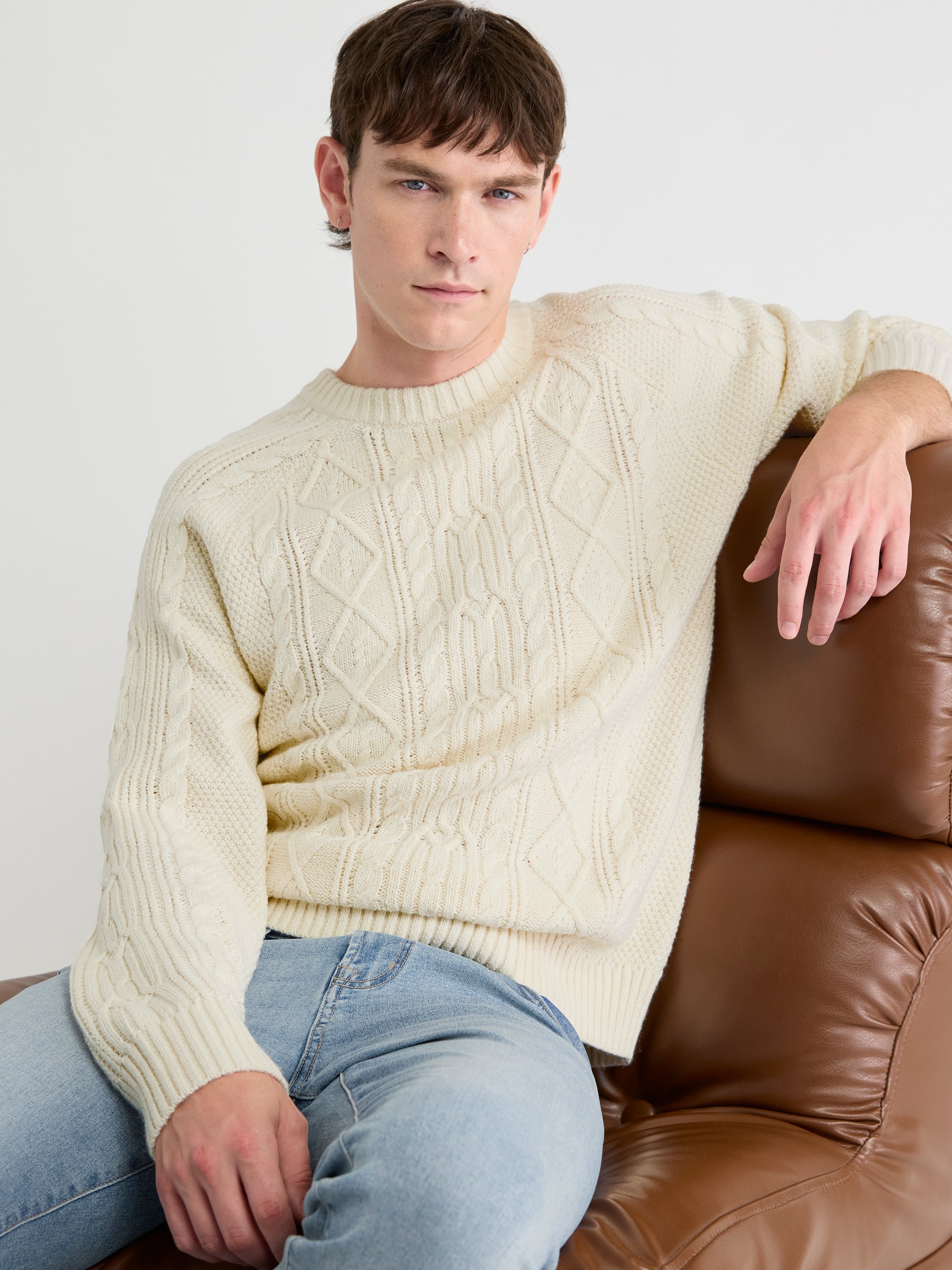 Long-Sleeve Cable Knit Crew-Neck Sweater