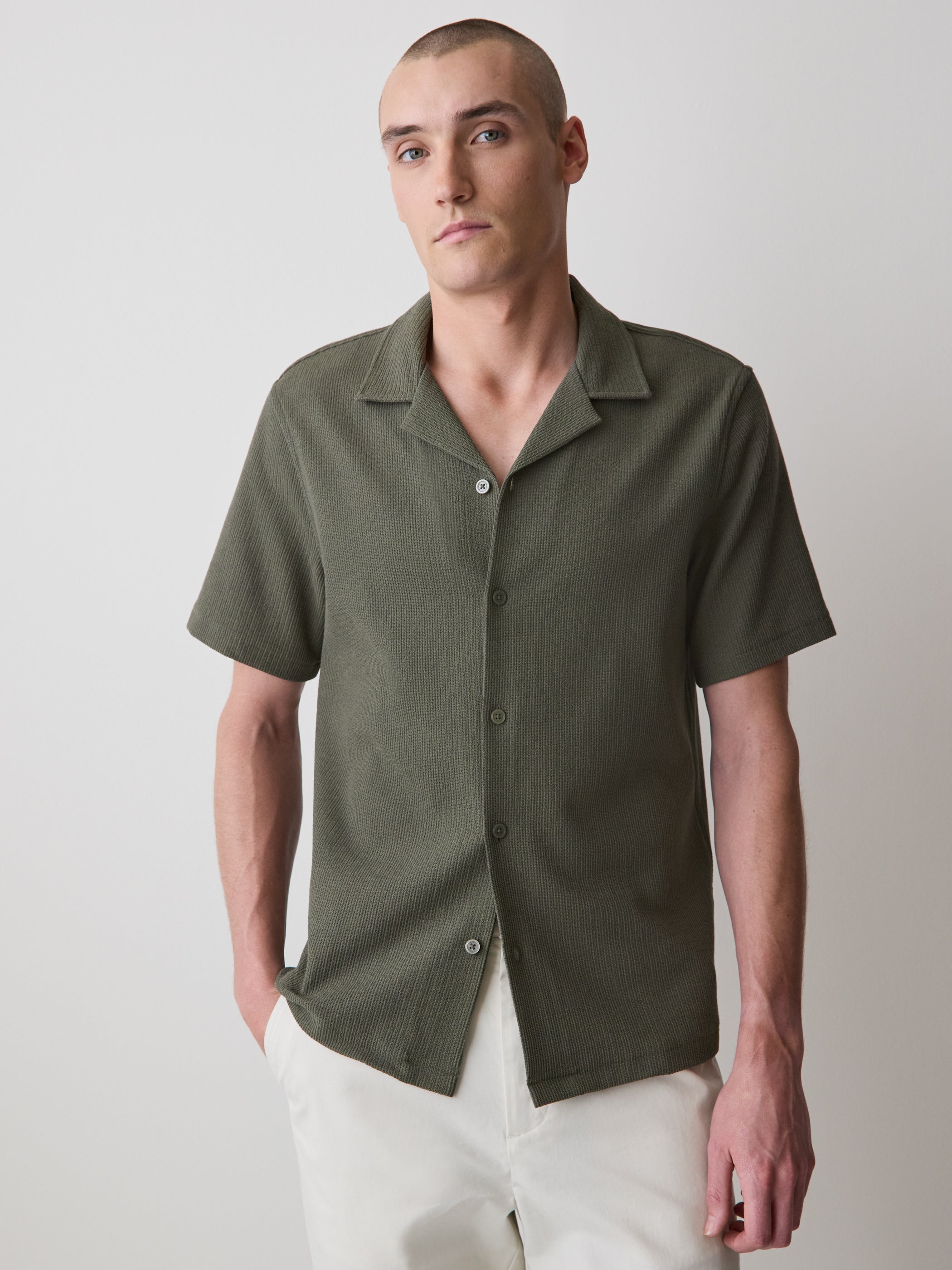Short-Sleeve Textured Shirt with Camp Collar