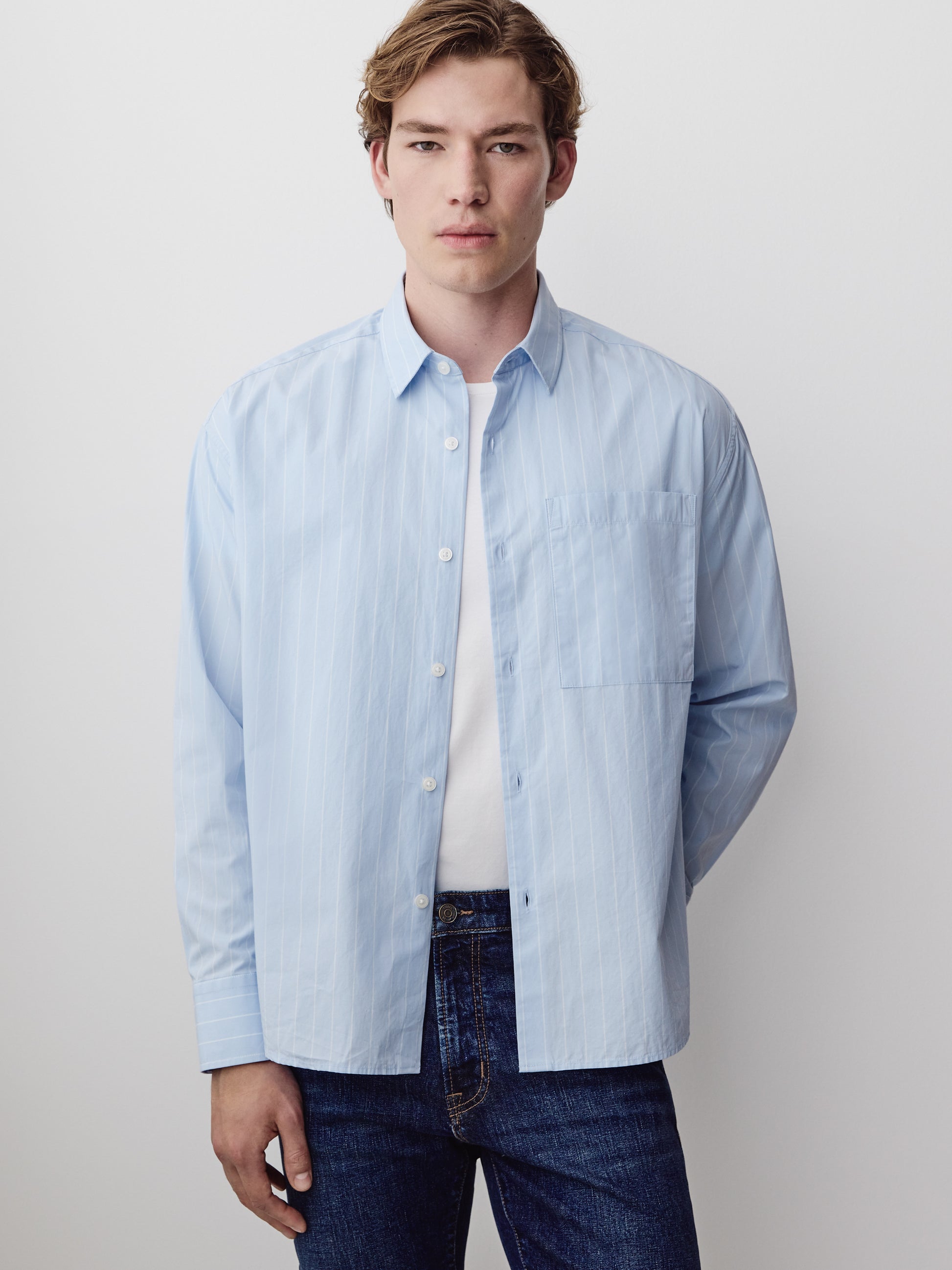 Men's Woven Tailored Collar Shirt Long Sleeve Light Blue Stripe