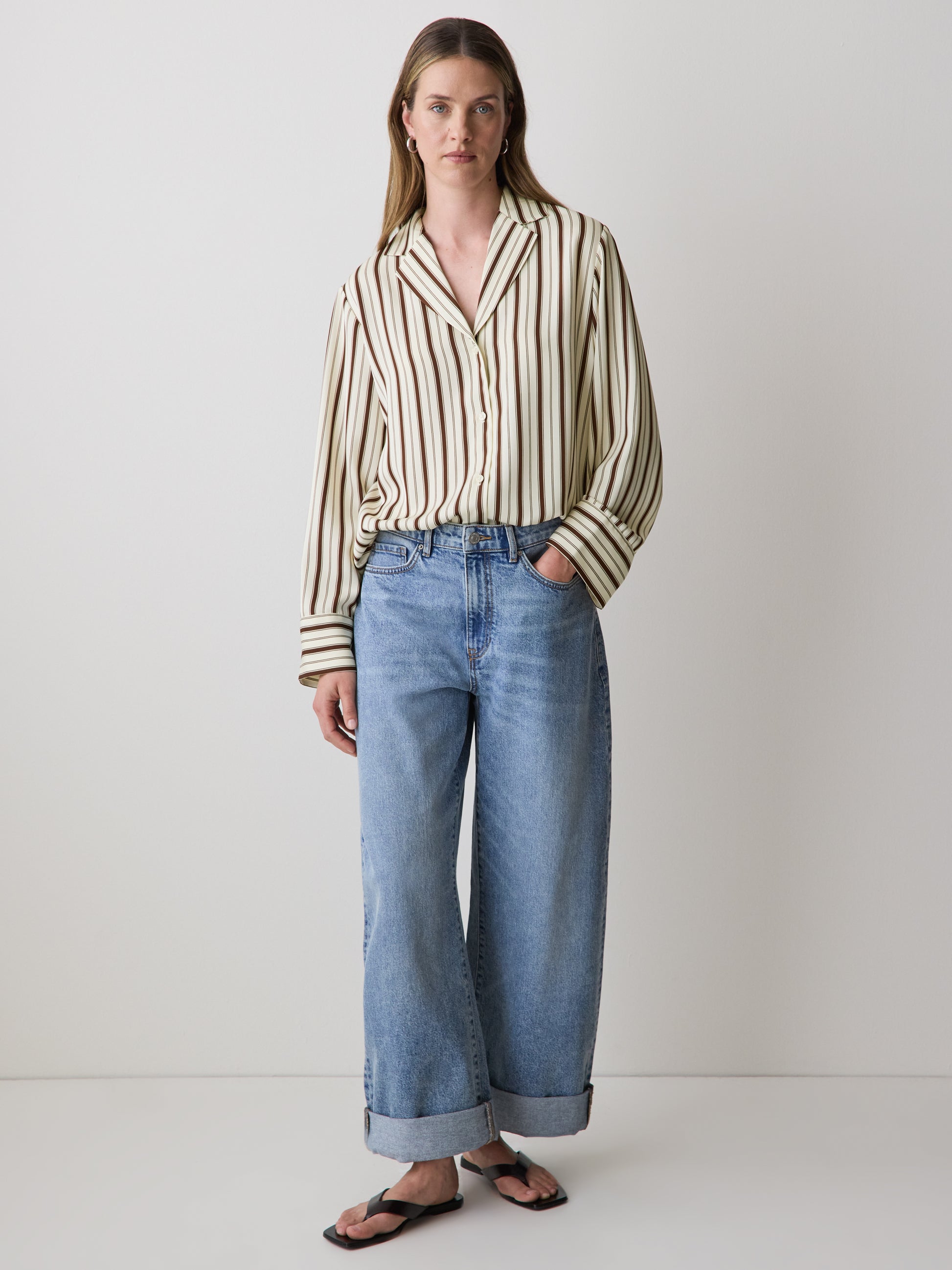 Long-Sleeve Twill Blouse with Notch Collar