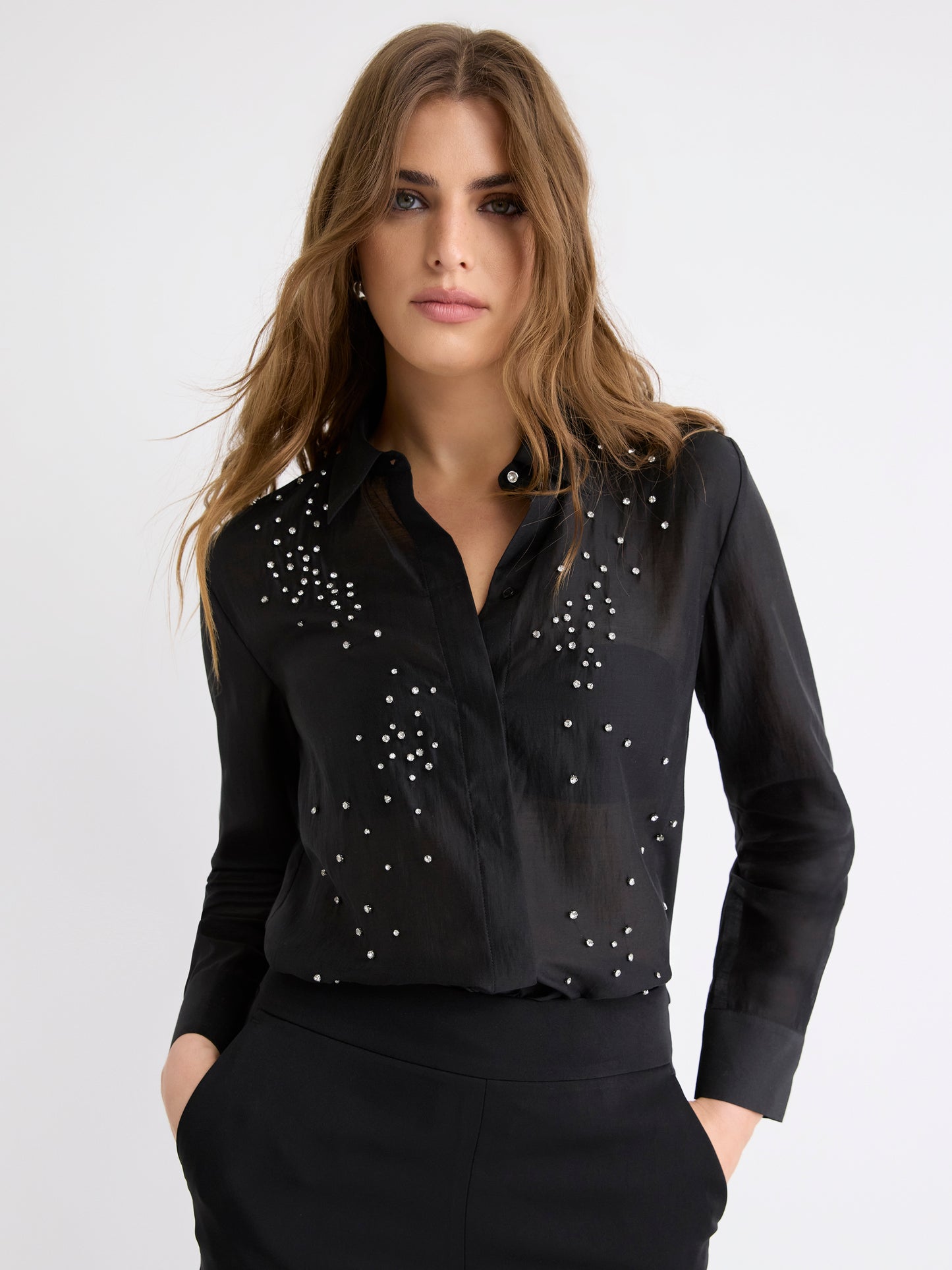 Long-Sleeve Buttoned-Down Blouse with Rhinestones