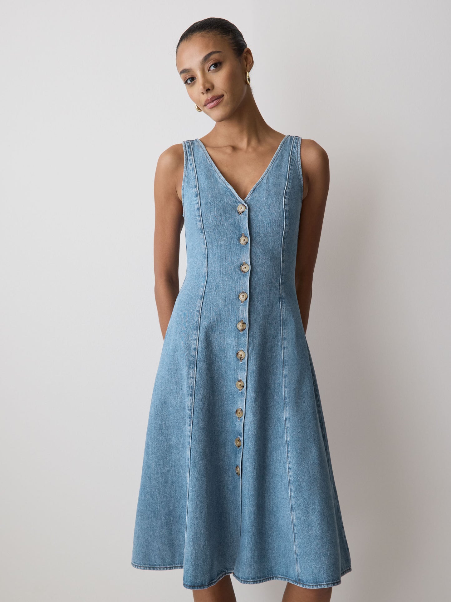 Denim Sleeveless V-Neck Midi Dress