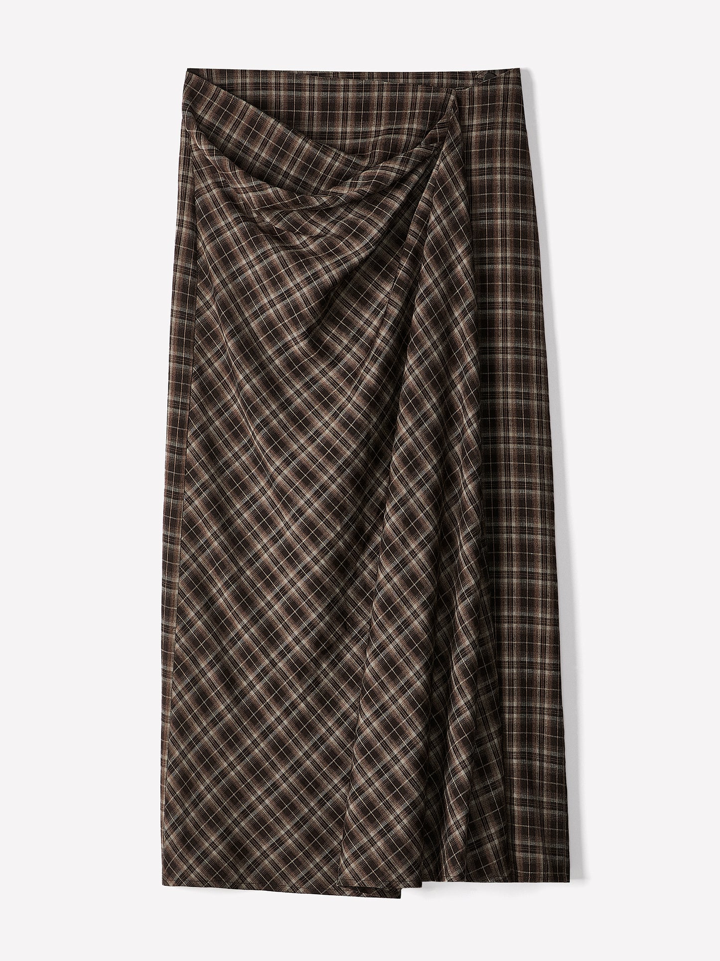 Woven Plaid Draped Maxi Skirt