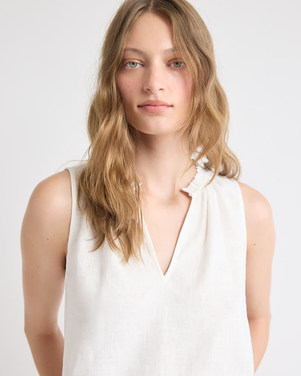 Sleeveless V-Neck Linen-Blend Blouse
