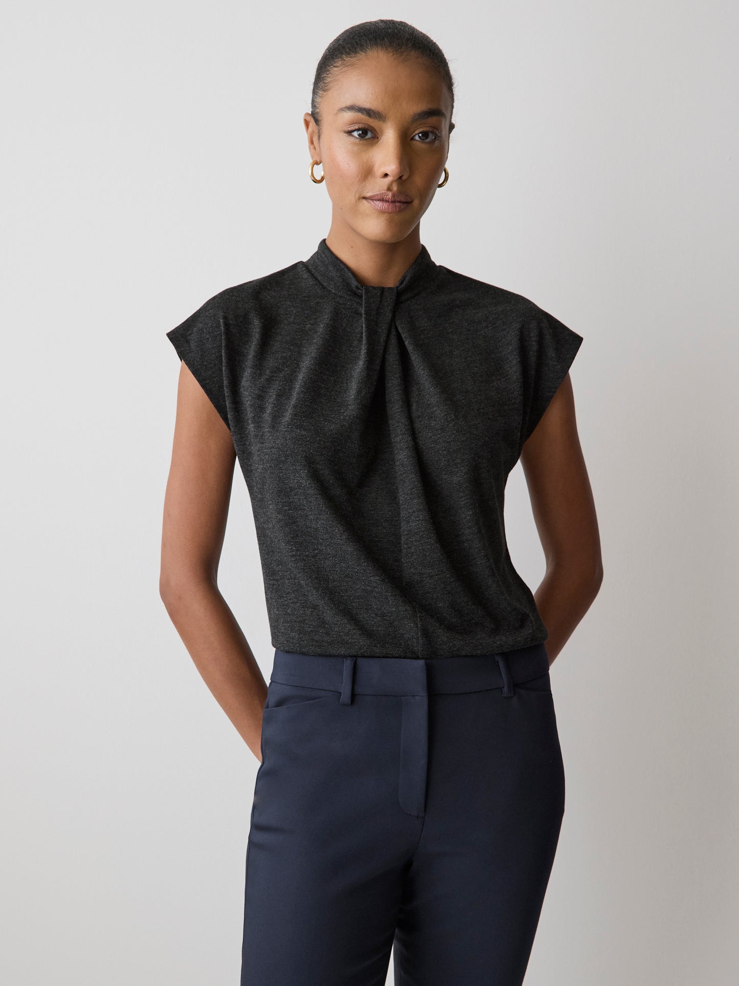 Extended-Sleeve Top with Twisted Draped Mock Neckline