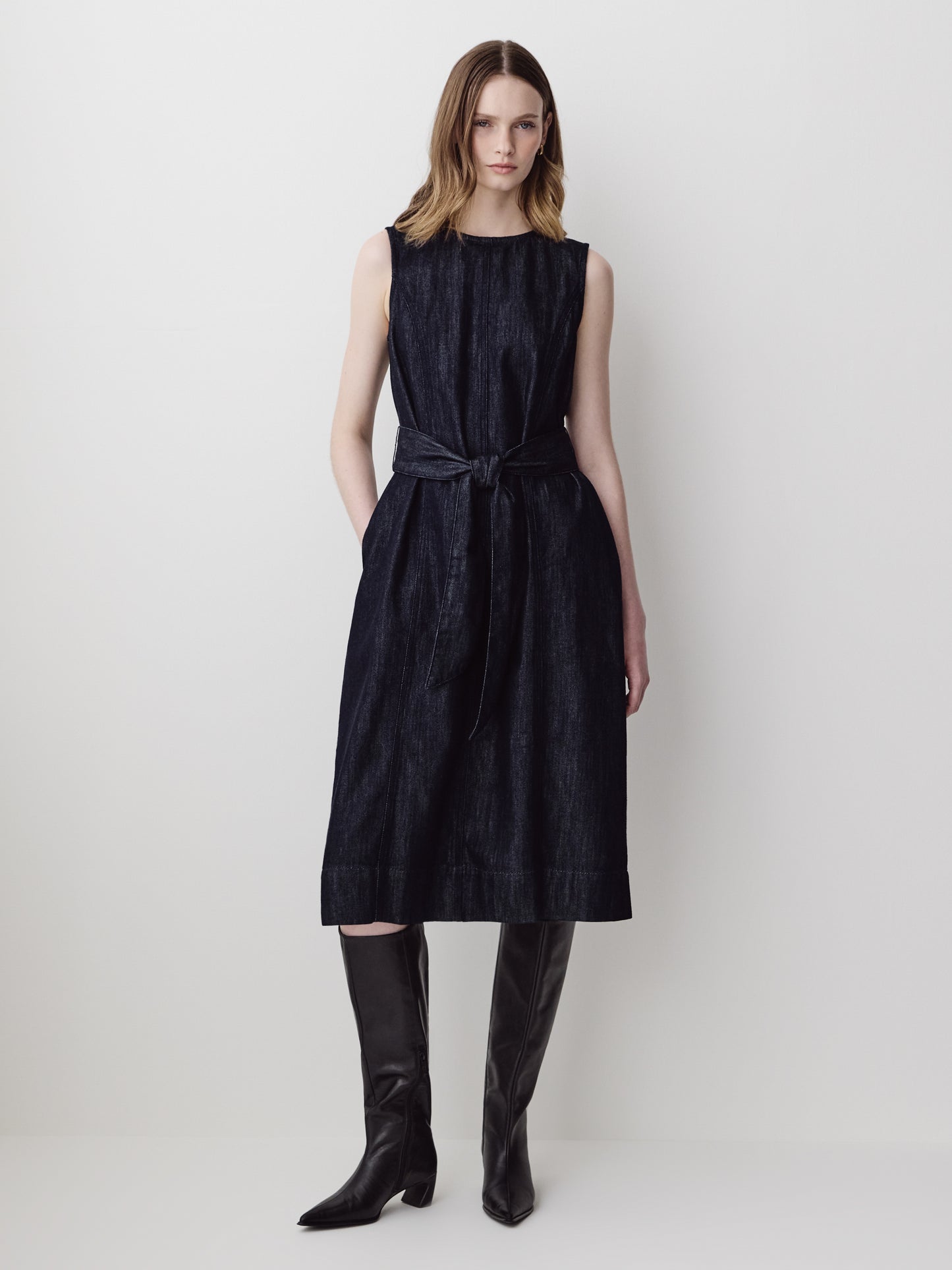 Sleeveless Belted Midi Denim Dress