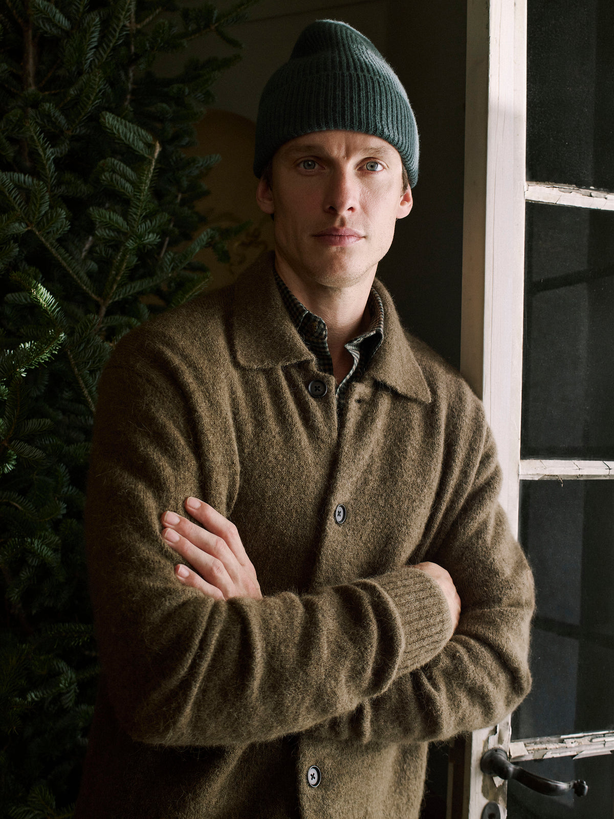 Wool-Blend Hairy Cardigan with Shirt Collar