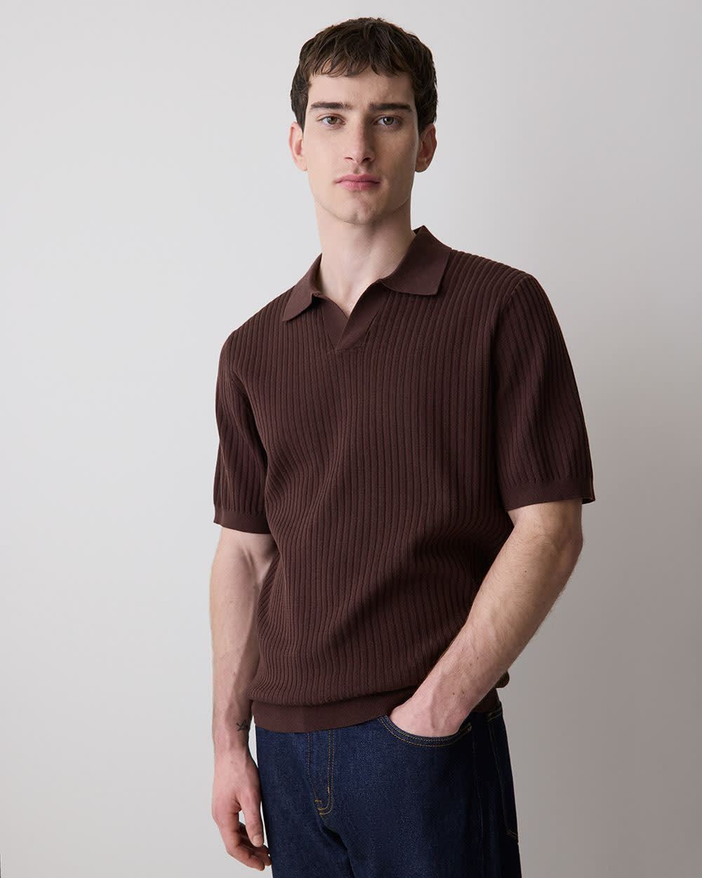 Cotton Short-Sleeve Polo with Johnny Collar