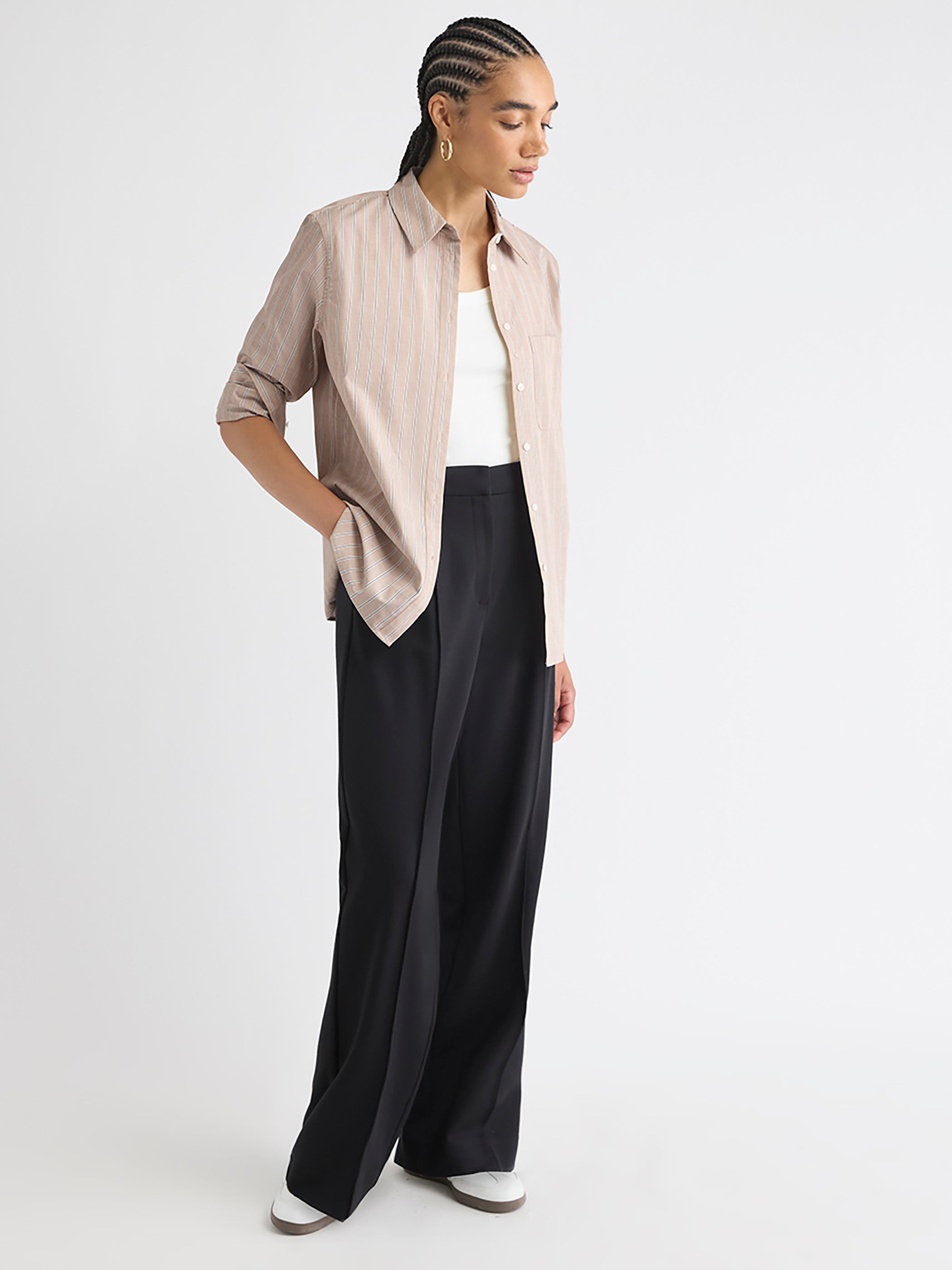 Blouse Boutonnée en Popeline Rayée à Manches Longues