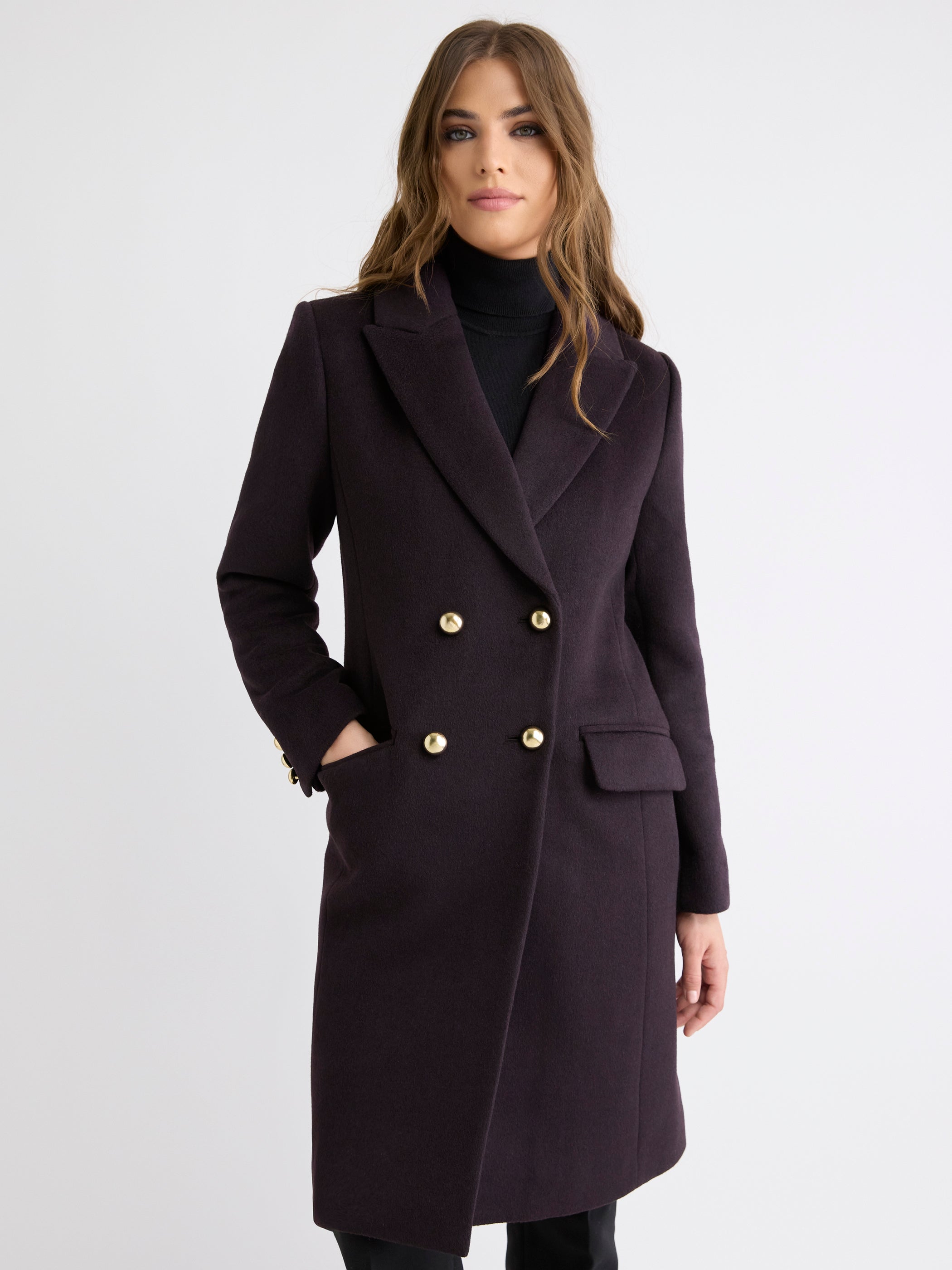 Manteau Long à Boutonnage Double en Mélange de Laine