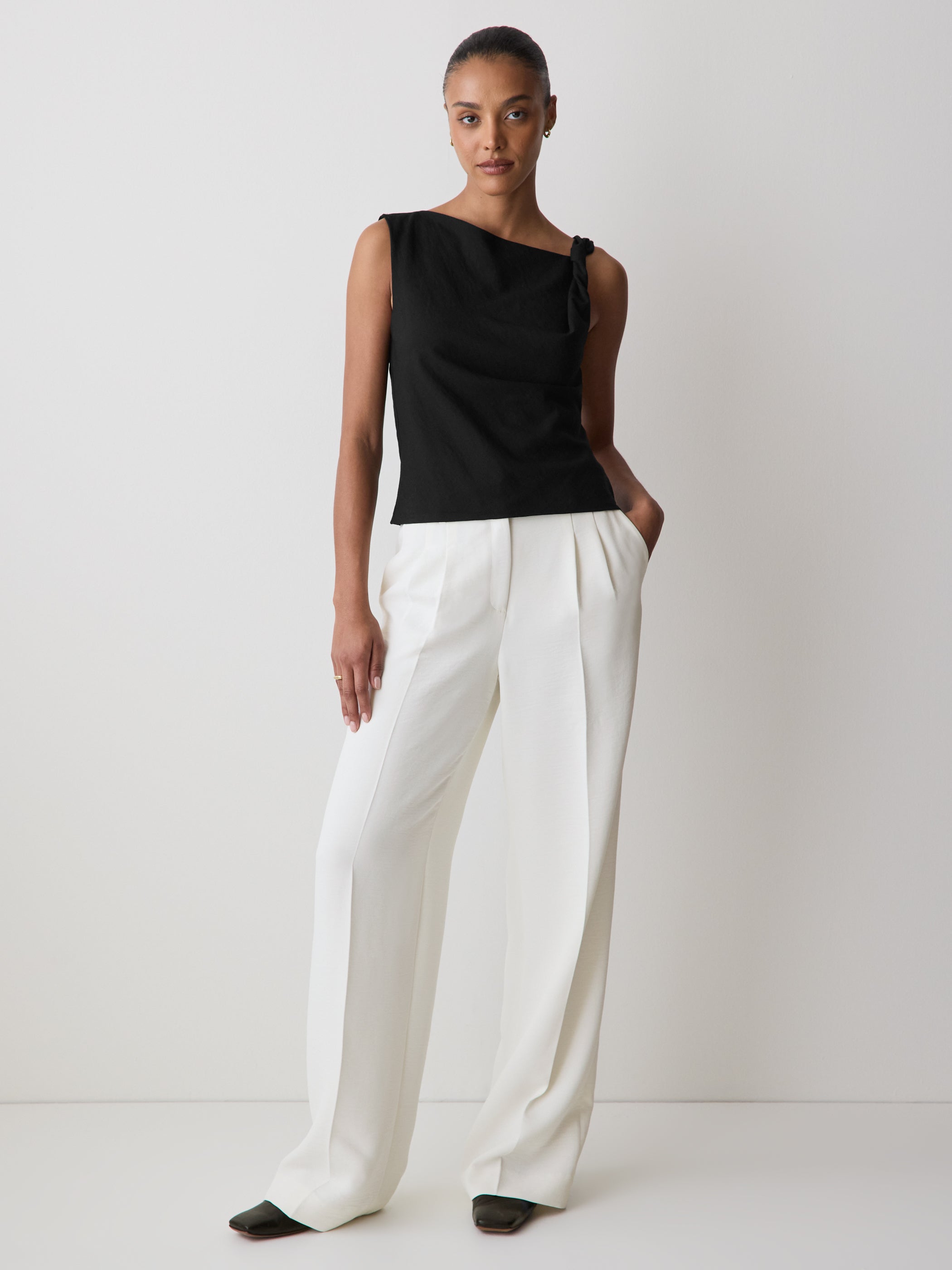 Woven Linen Blend Shell Blouse with Shoulder Twist