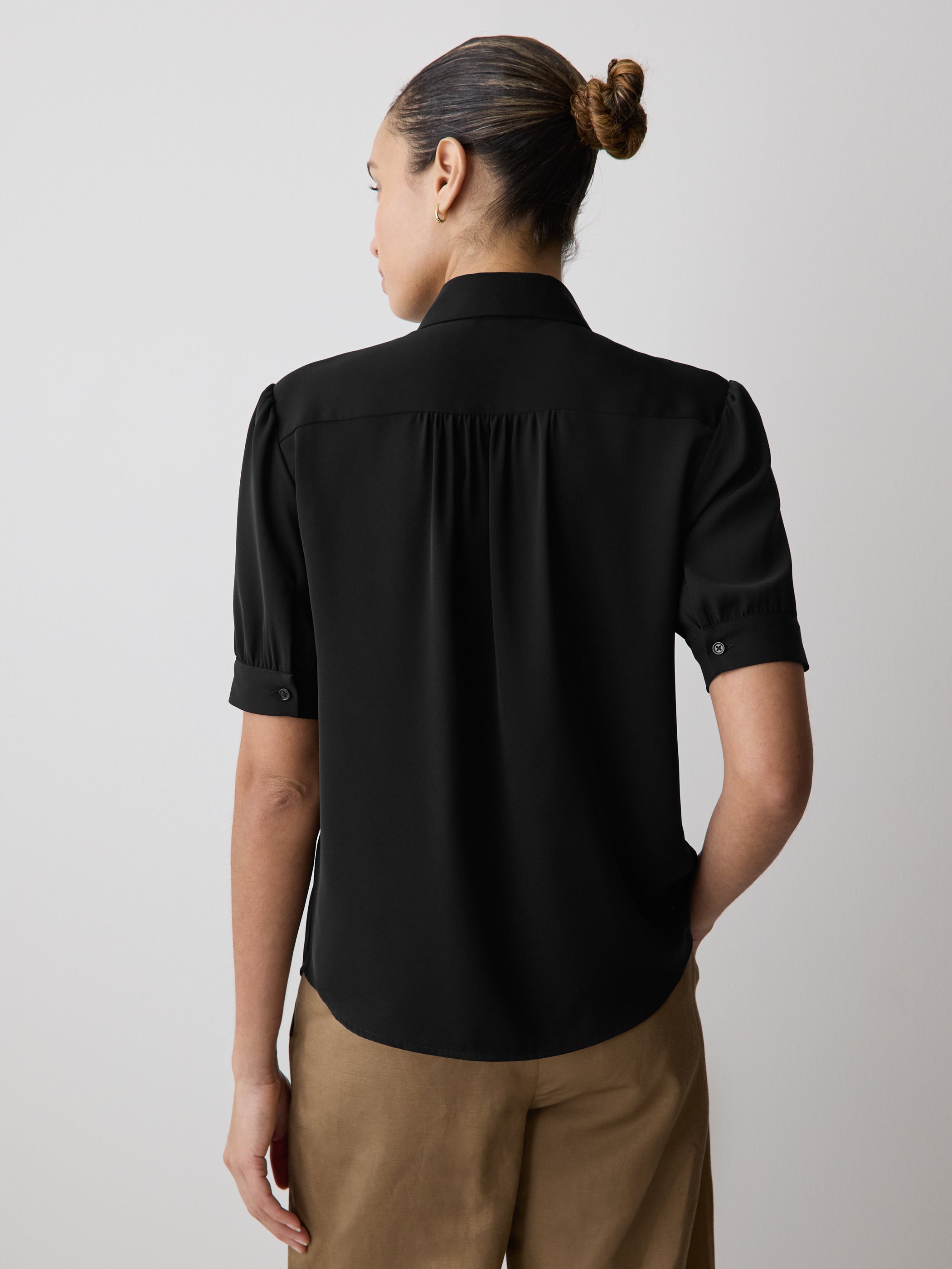 Silky Crepe Short-Sleeve Buttoned-Down Blouse