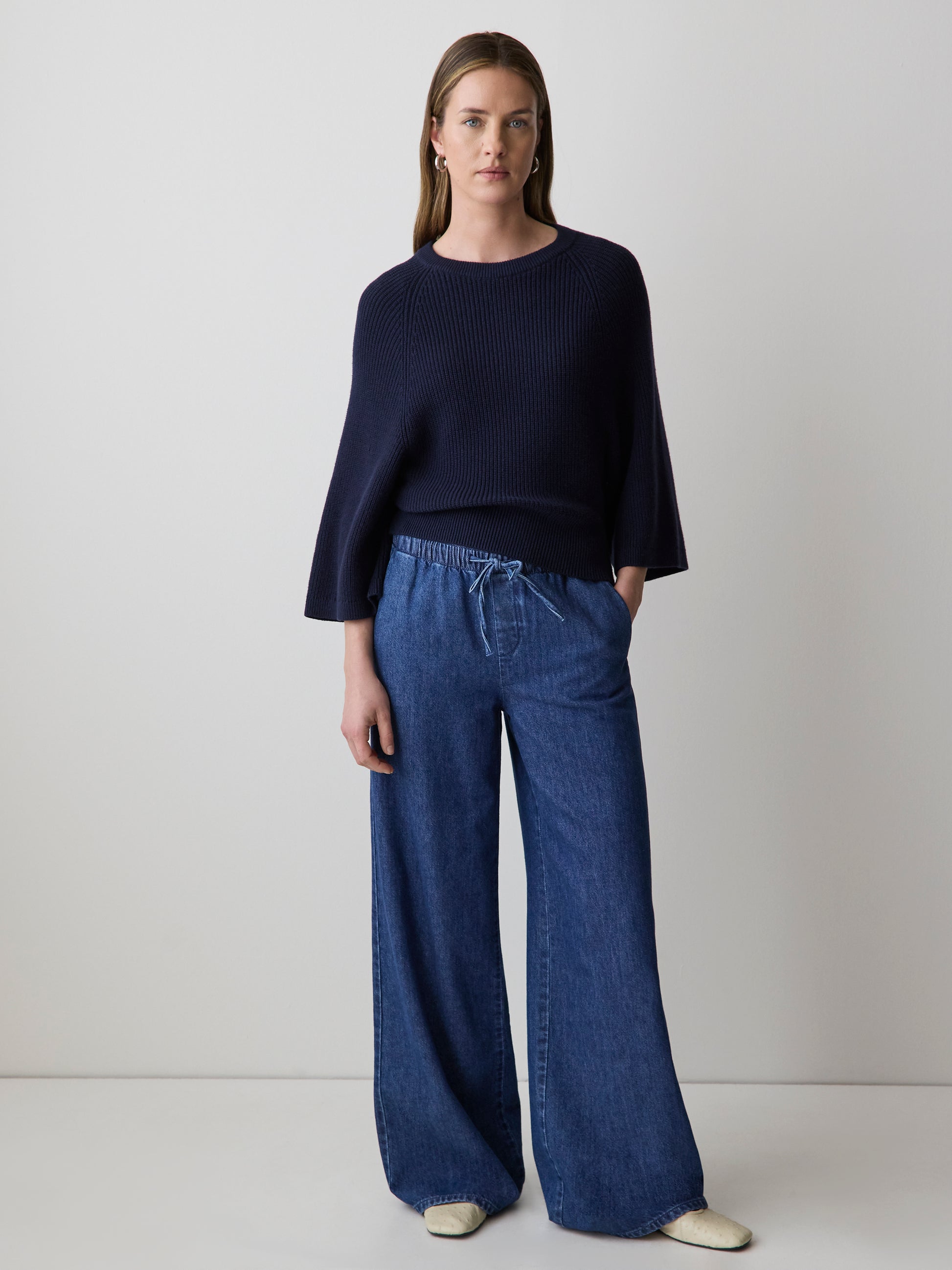 Wide-Leg Denim Pants with Elastic Waistband