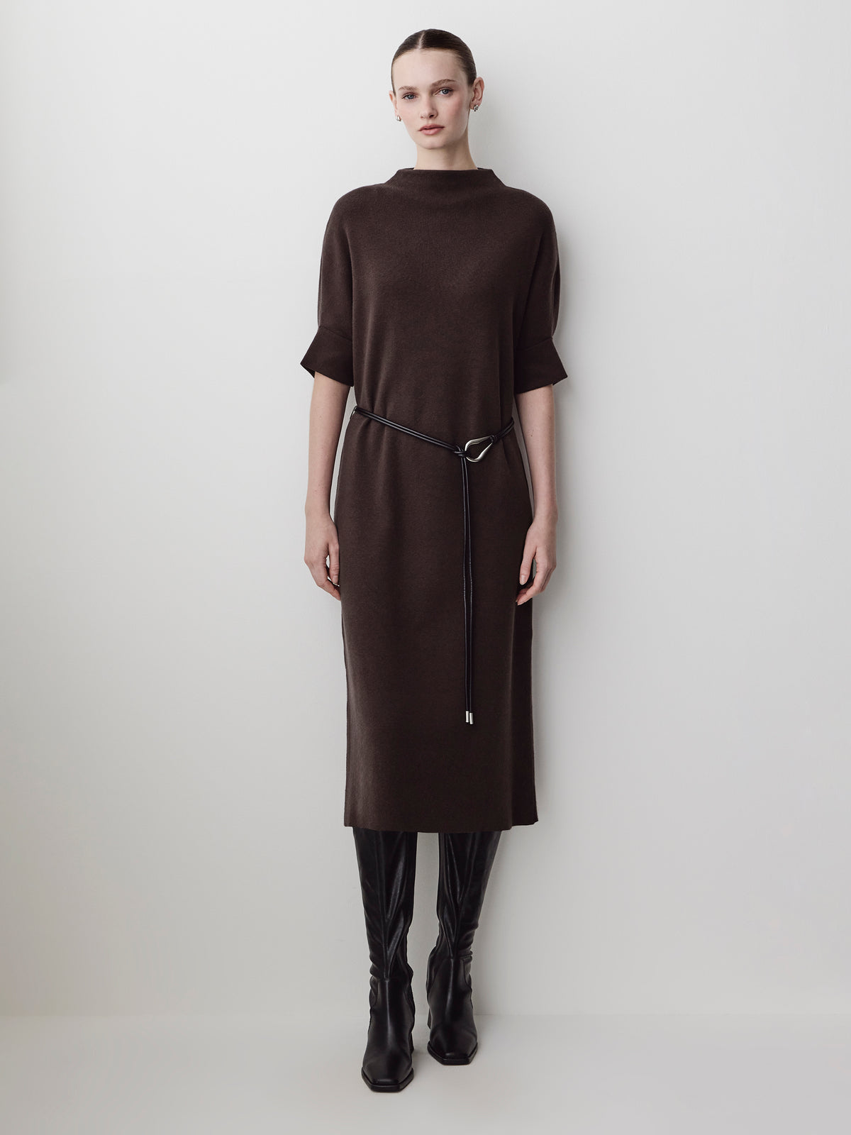 3/4-Sleeve Mock-Neck Belted Midi Dress