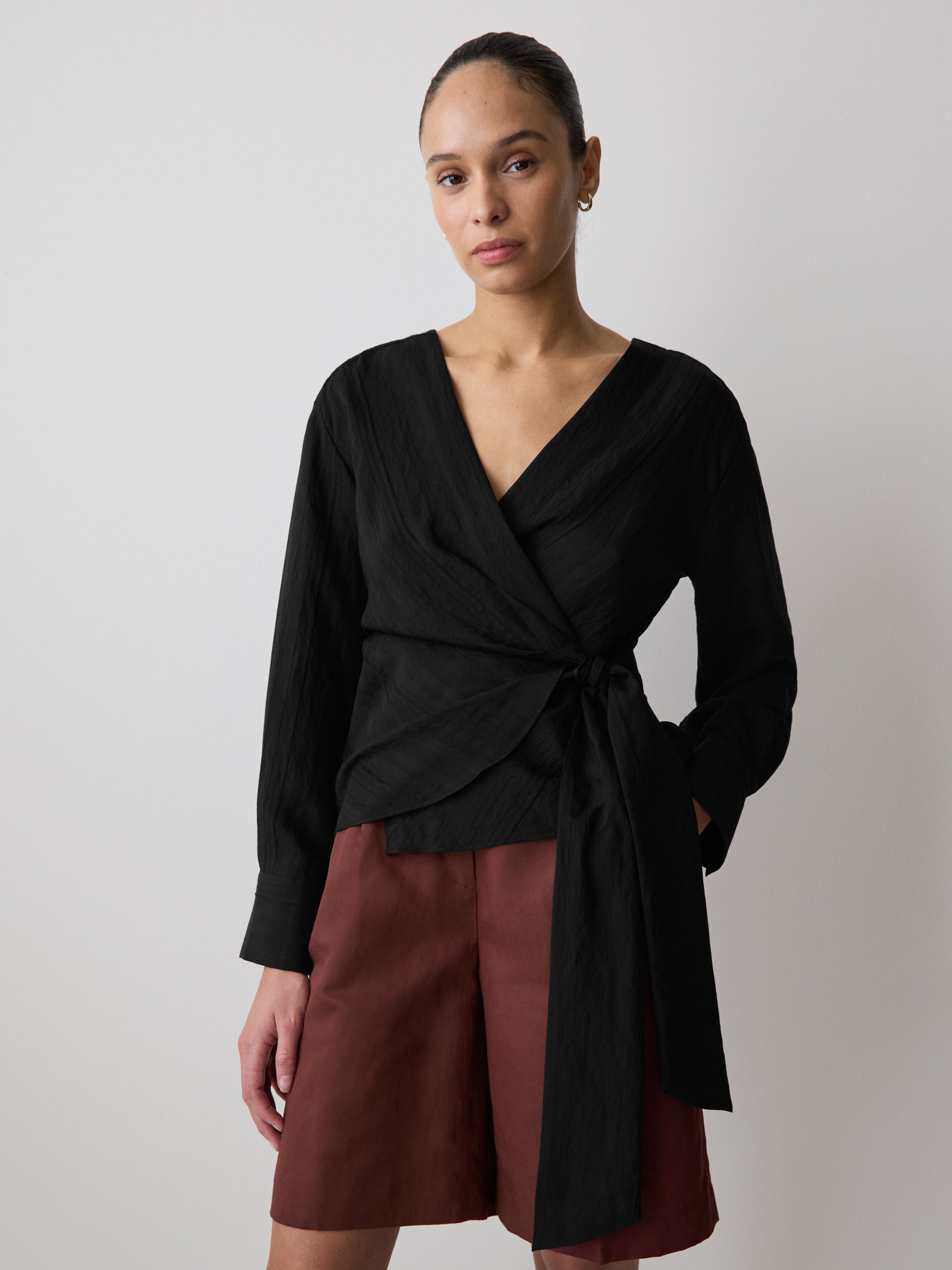 Woven Long Sleeve Wrap Blouse