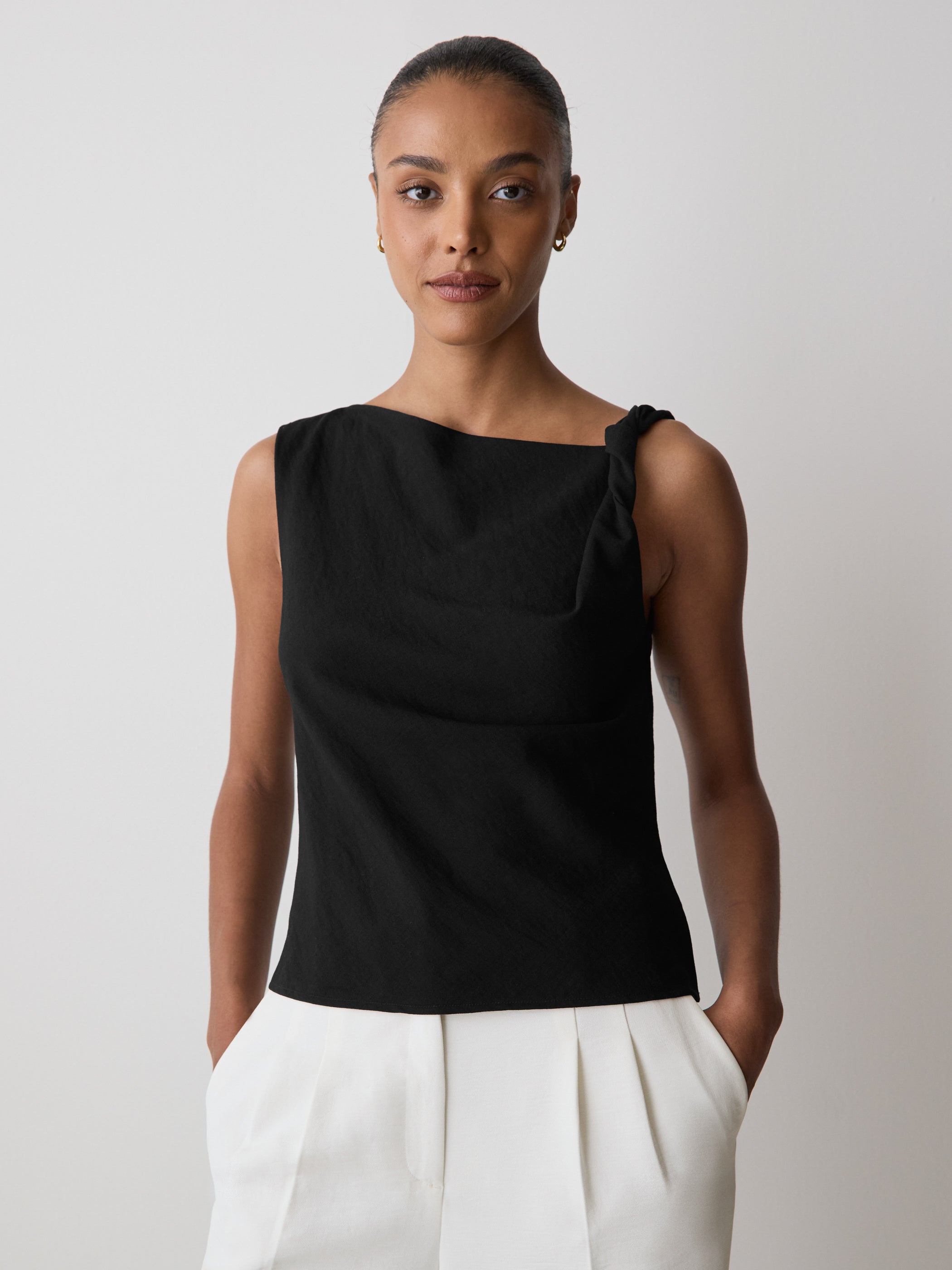 Woven Linen Blend Shell Blouse with Shoulder Twist