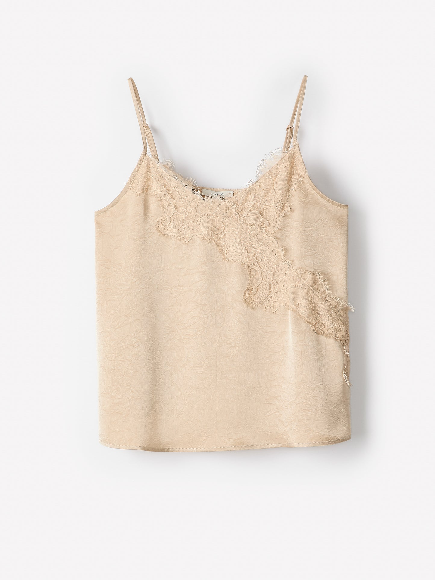 Sleeveless V-Neck Satin Blouse with Lace Trim