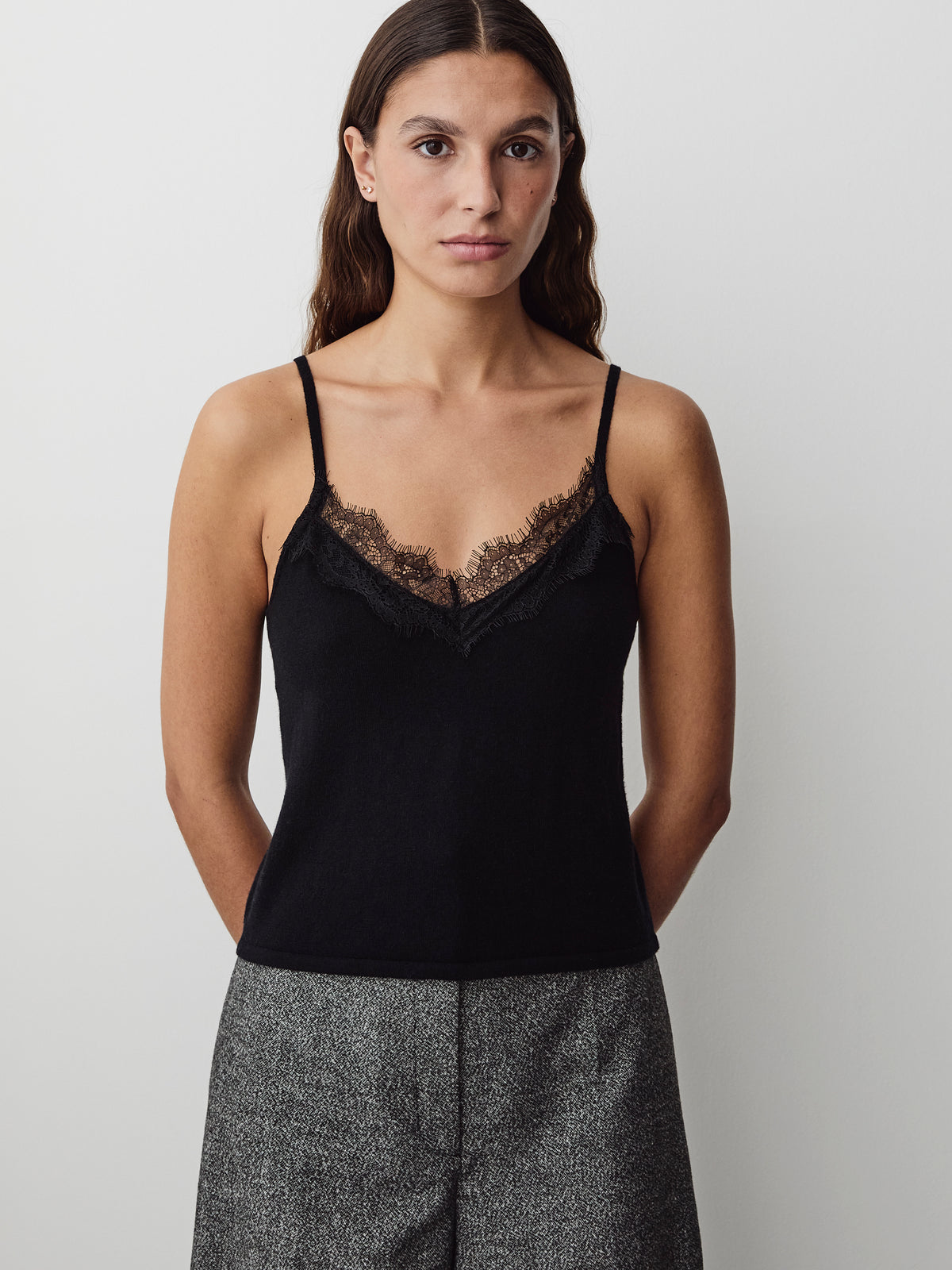 Merino-Wool V-Neck Cami with Lace Trim