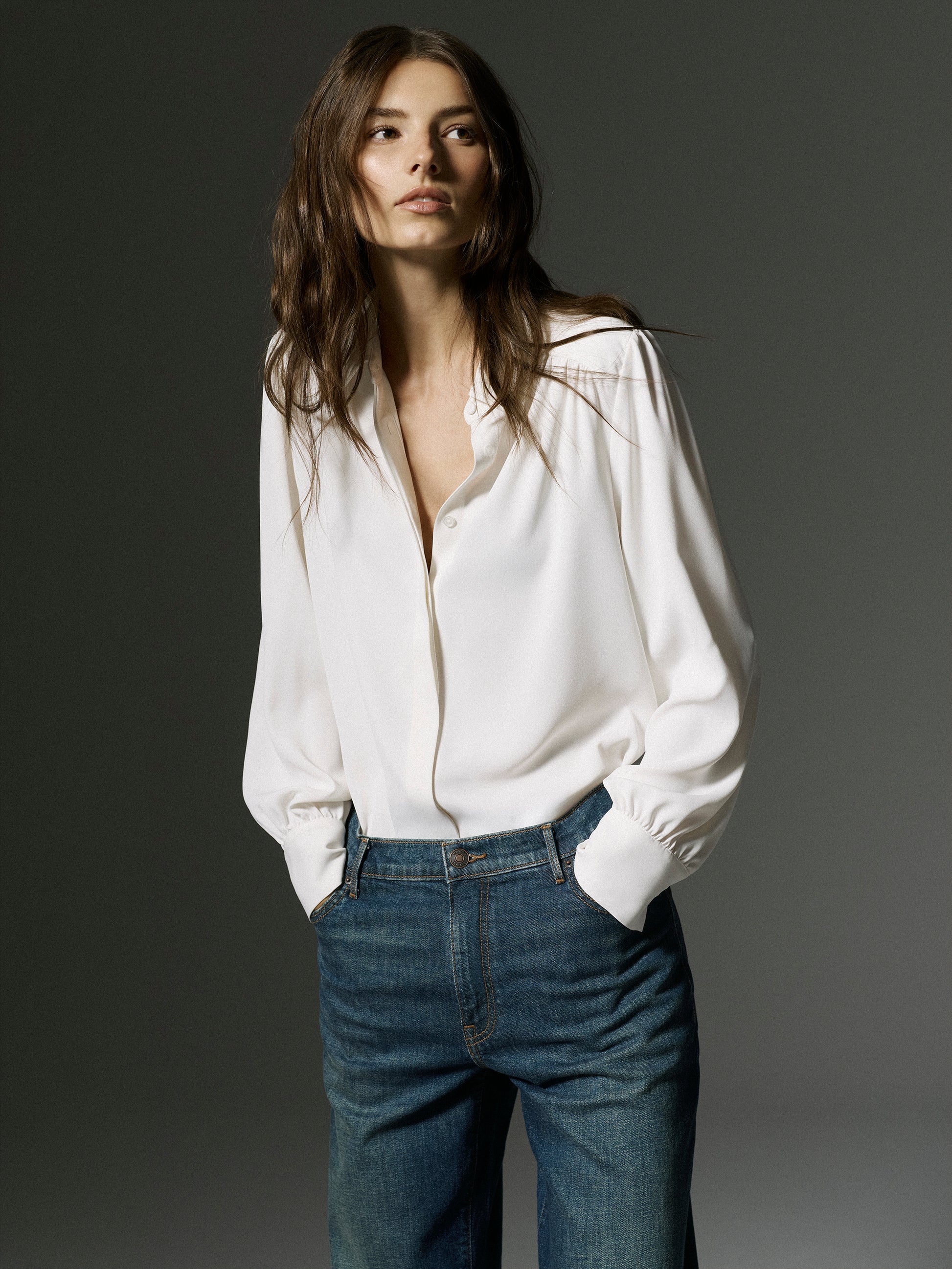 Silky Crepe Long-Sleeve Buttoned-Down Blouse