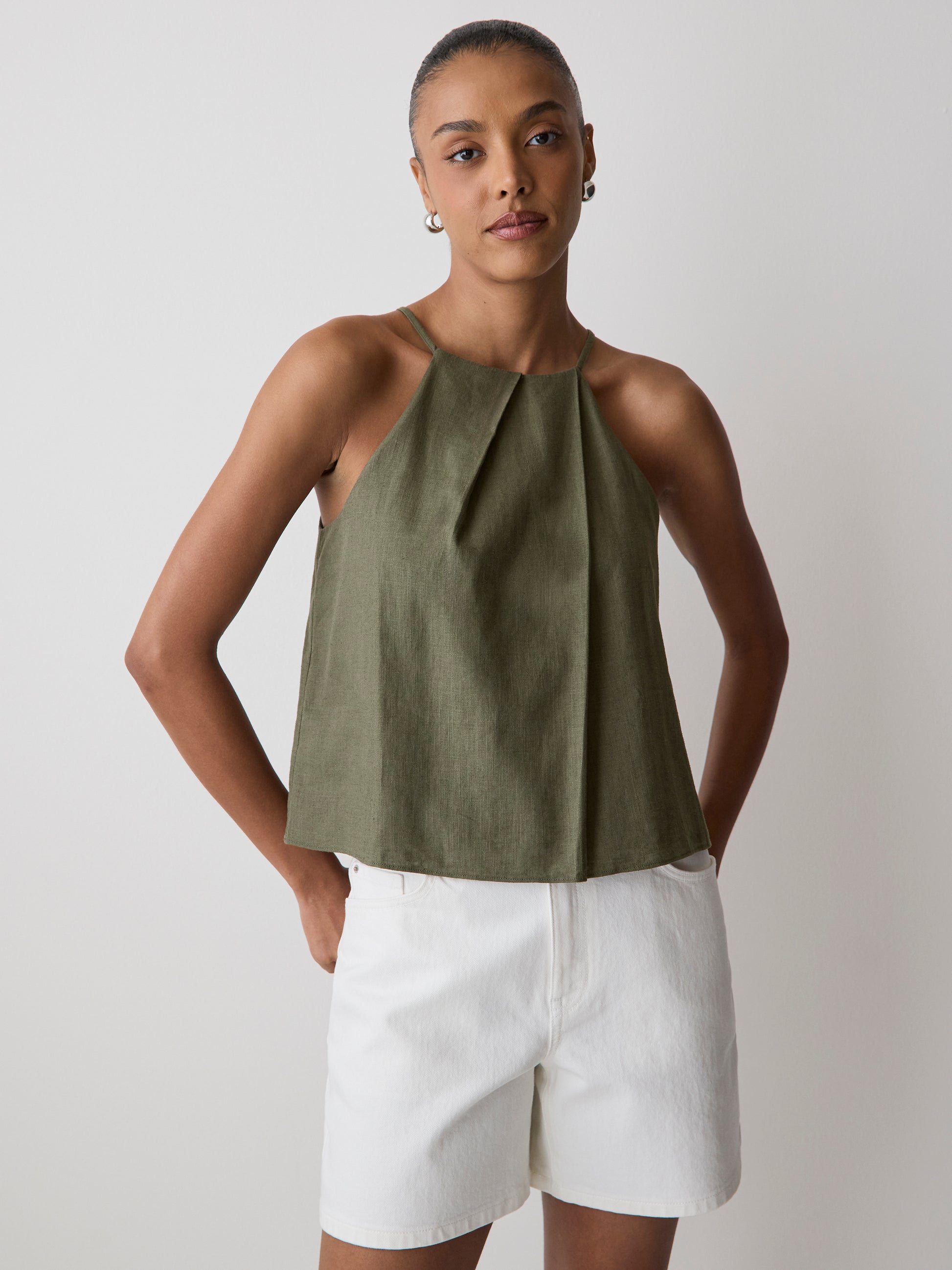Woven Linen Blend Halter Top with Pleats
