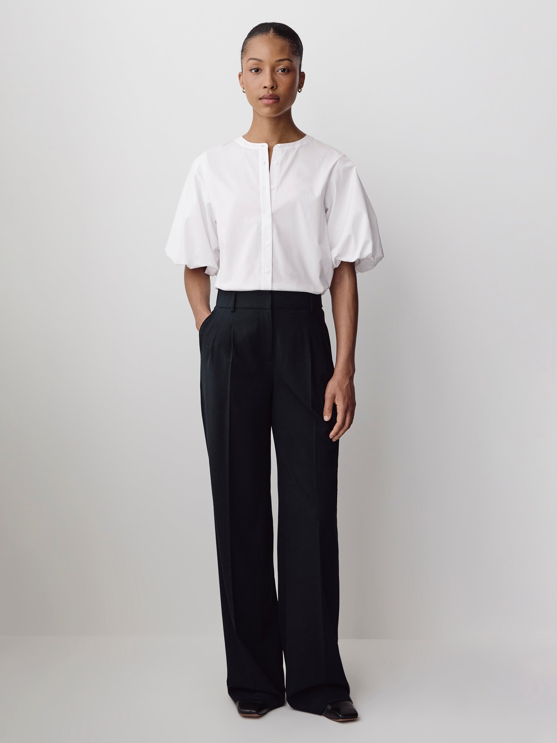 Woven Cotton Blend Balloon Sleeve Blouse