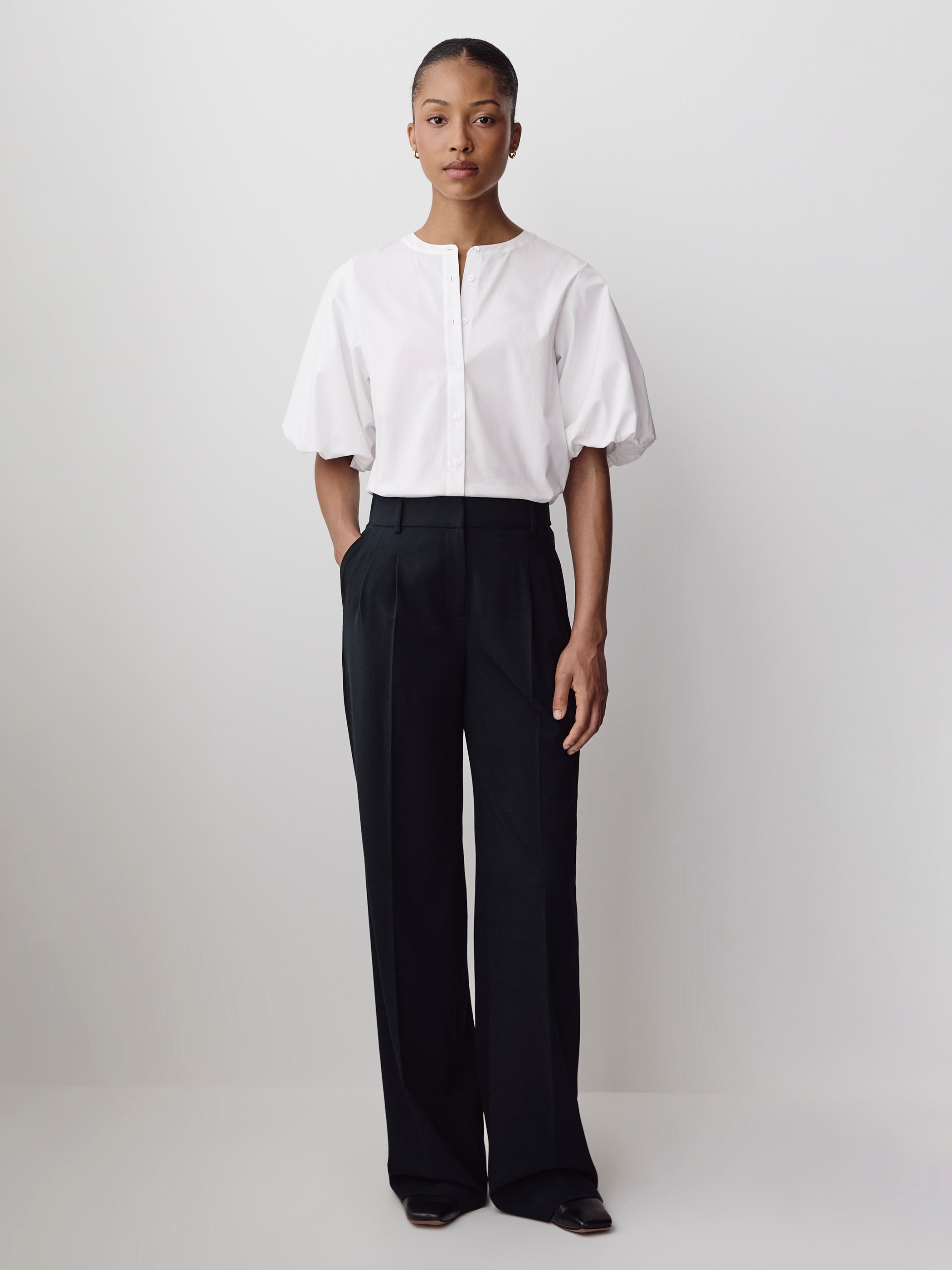 Woven Cotton Blend Balloon Sleeve Blouse