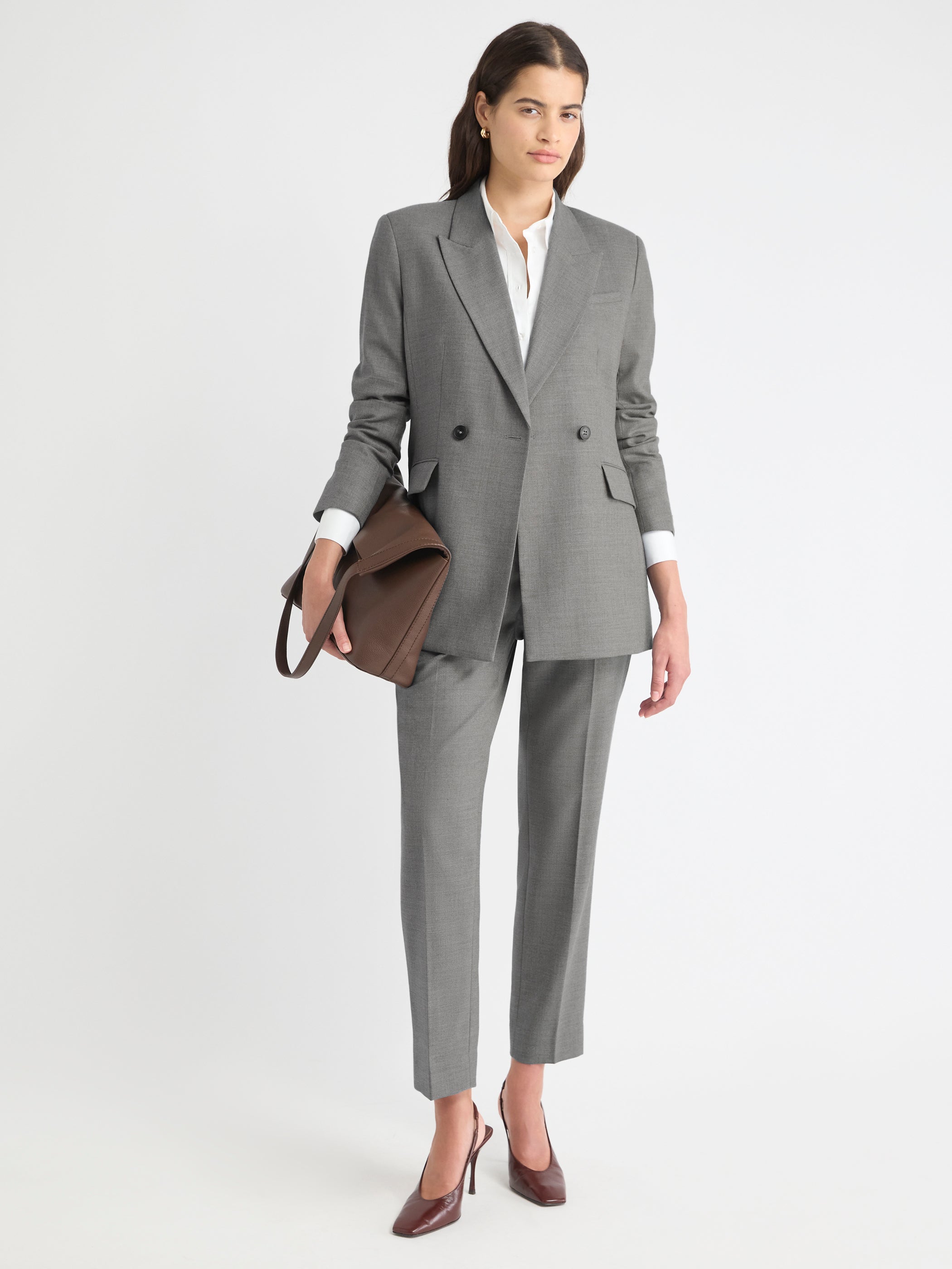 Pantalon Long à Jambe Fuselée et Taille Haute en Mélange de Laine