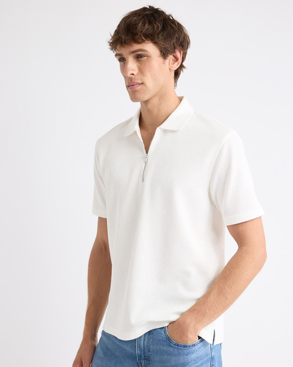 Short-Sleeve Ribbed Half-Zip Polo