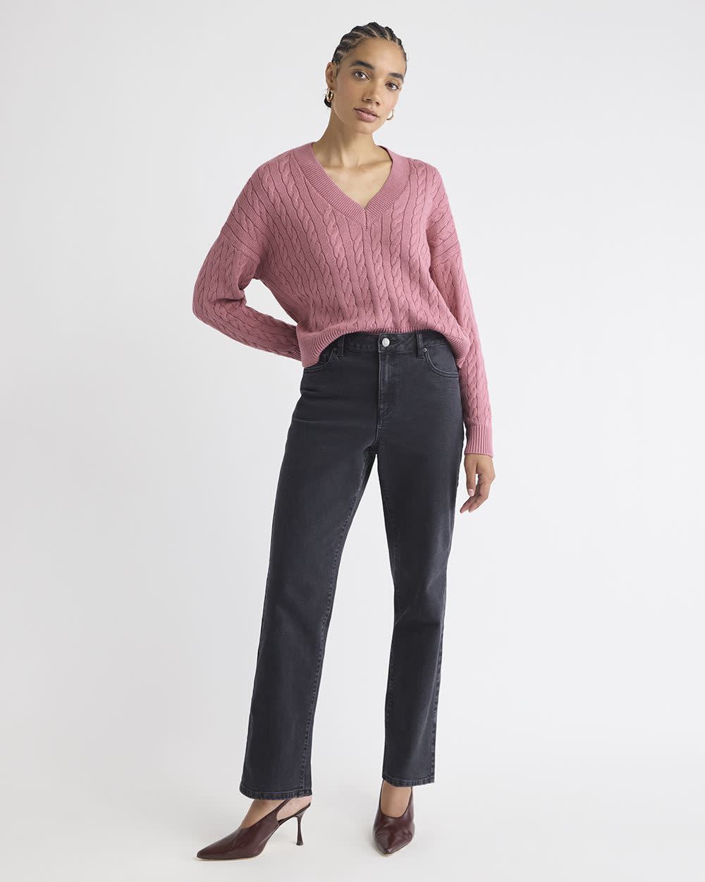 Long-Sleeve V-Neck Cable-Stitch Merino-Blend Sweater