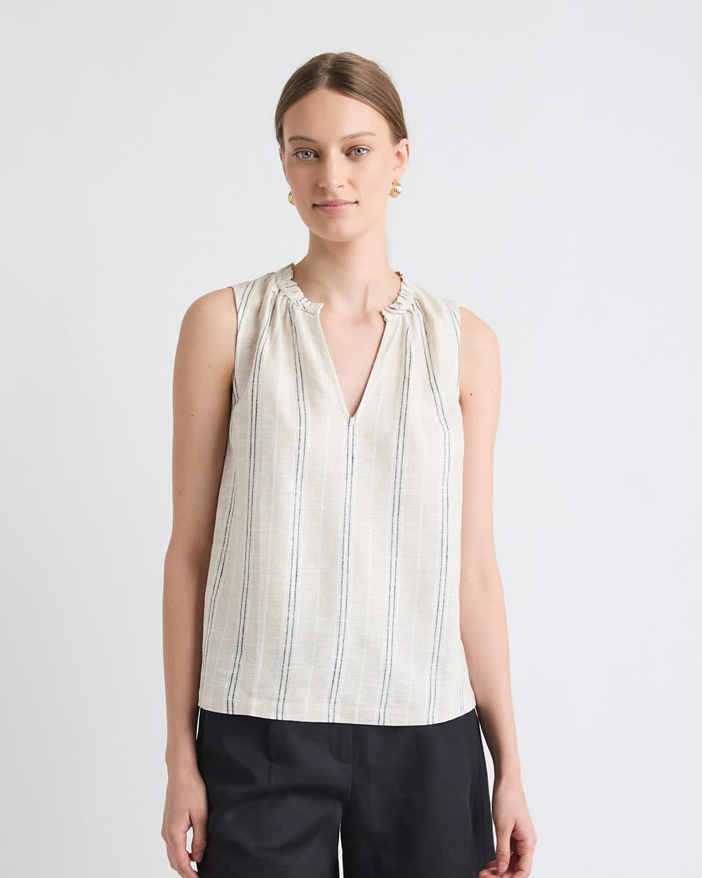 Striped Sleeveless V-Neck Linen-Blend Blouse