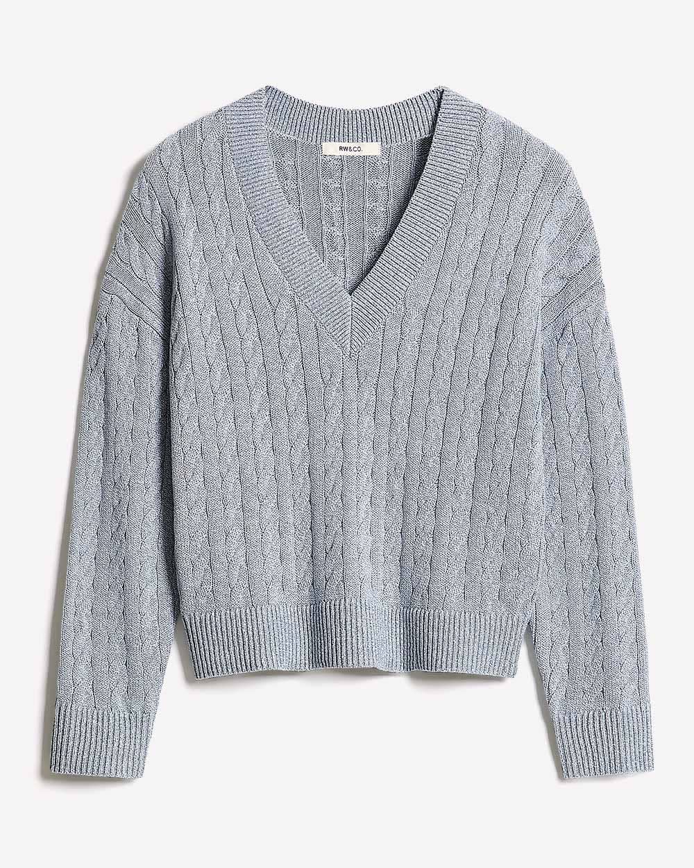 Long-Sleeve V-Neck Cable-Stitch Merino-Blend Sweater