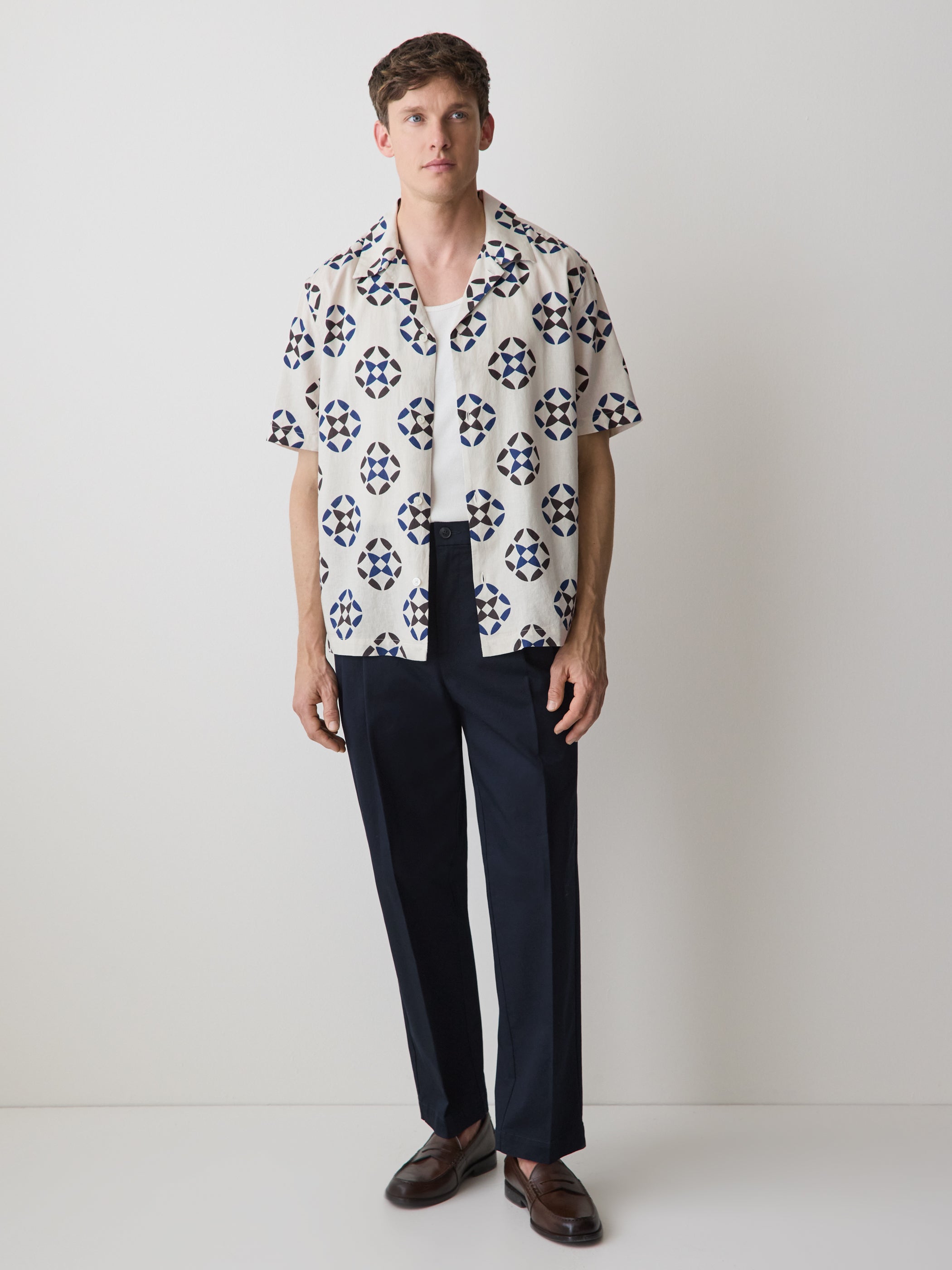 Linen-Blend Short-Sleeve Shirt with Print