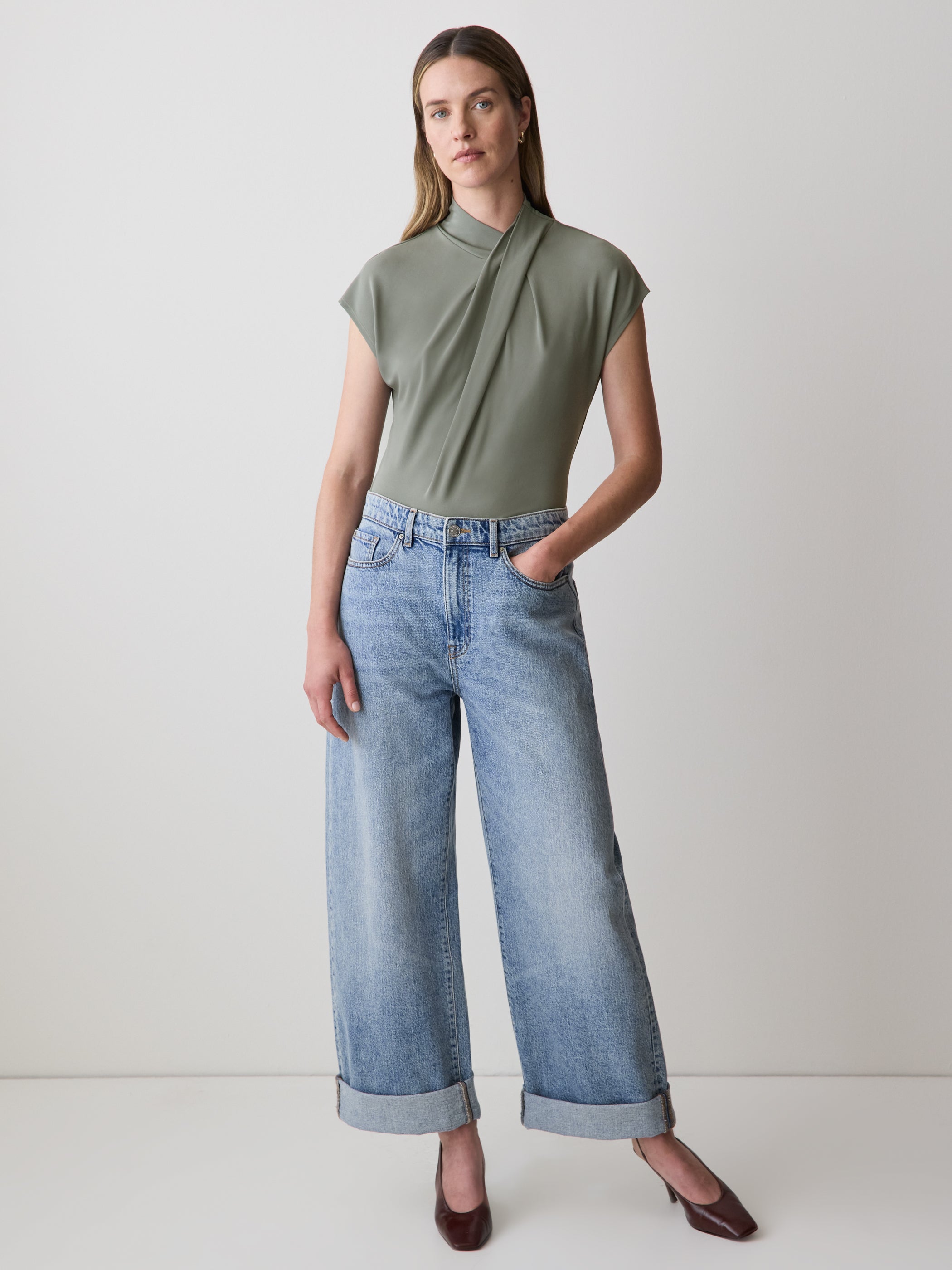 Extended-Sleeve Top with Crossover Draped Mock Neckline