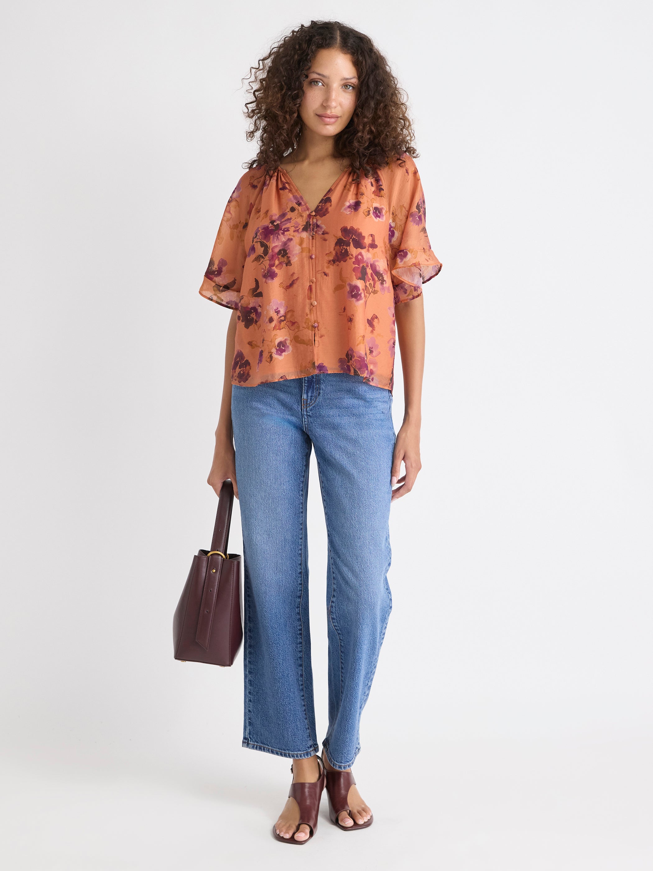 Blouse à Manches Courtes à Volants et Col V