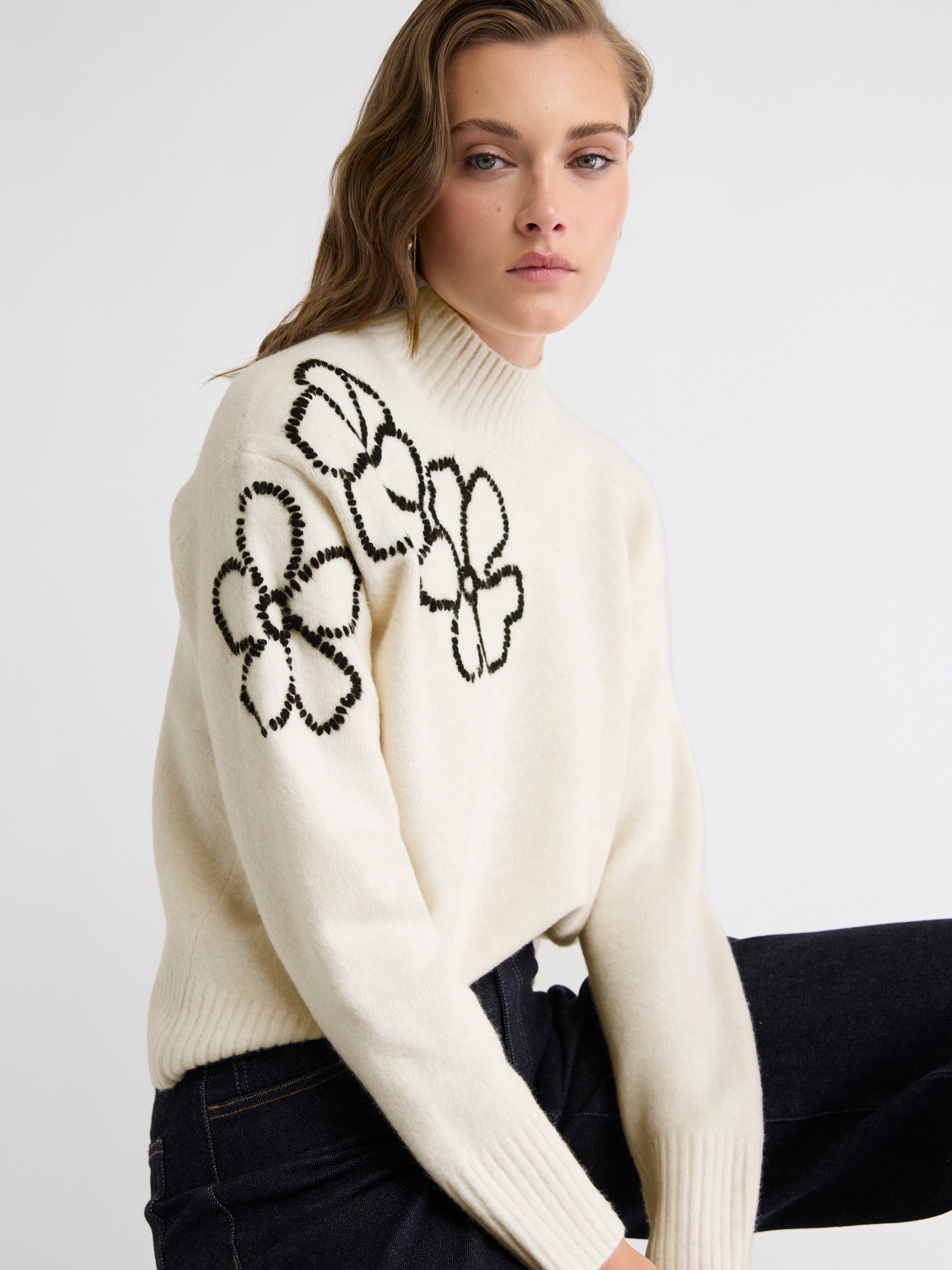 Long-Sleeve Mock-Neck Sweater with Embroidered Pattern