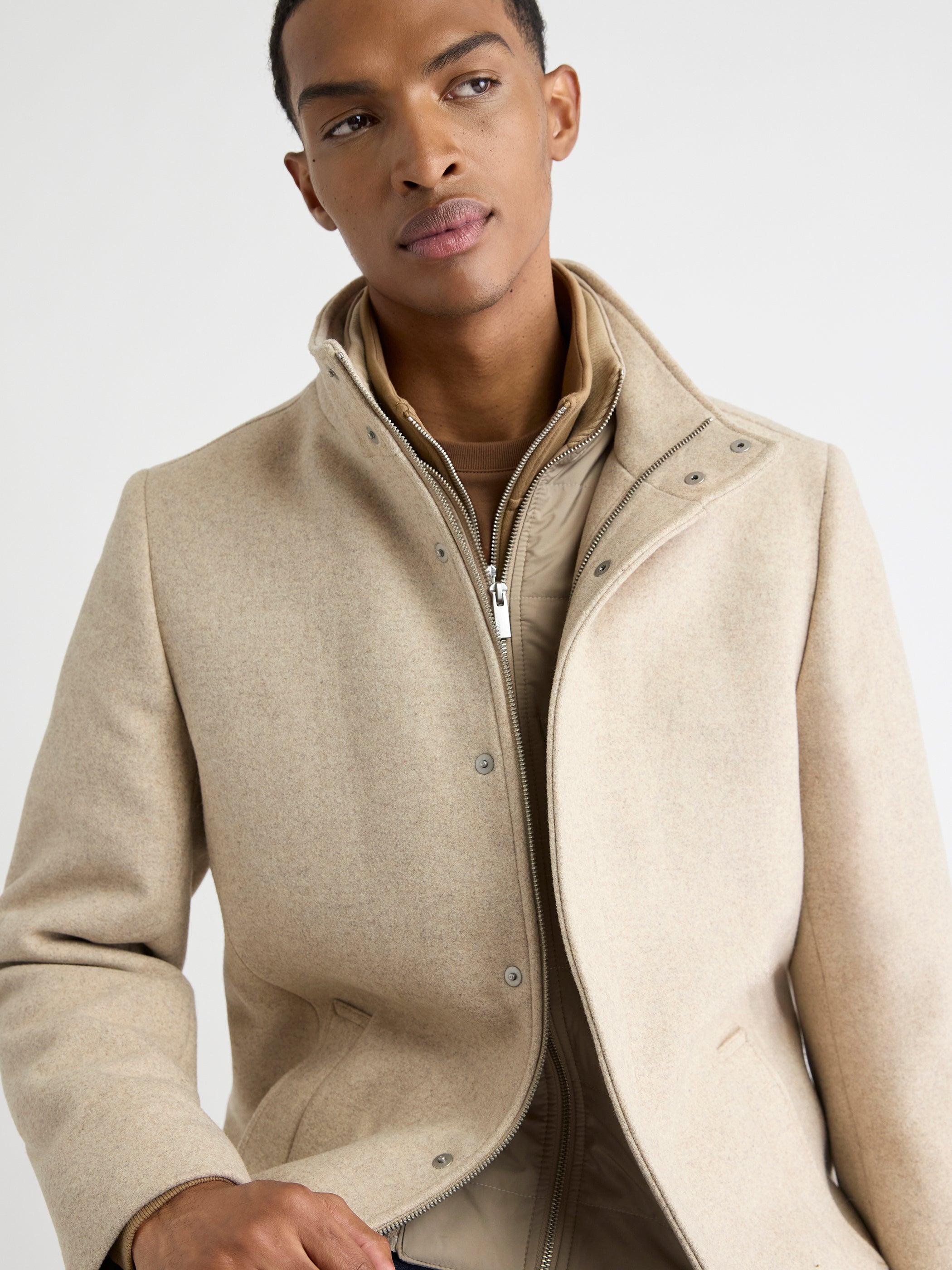 Classic Solid Mock-Neck Wool Coat with Dickey