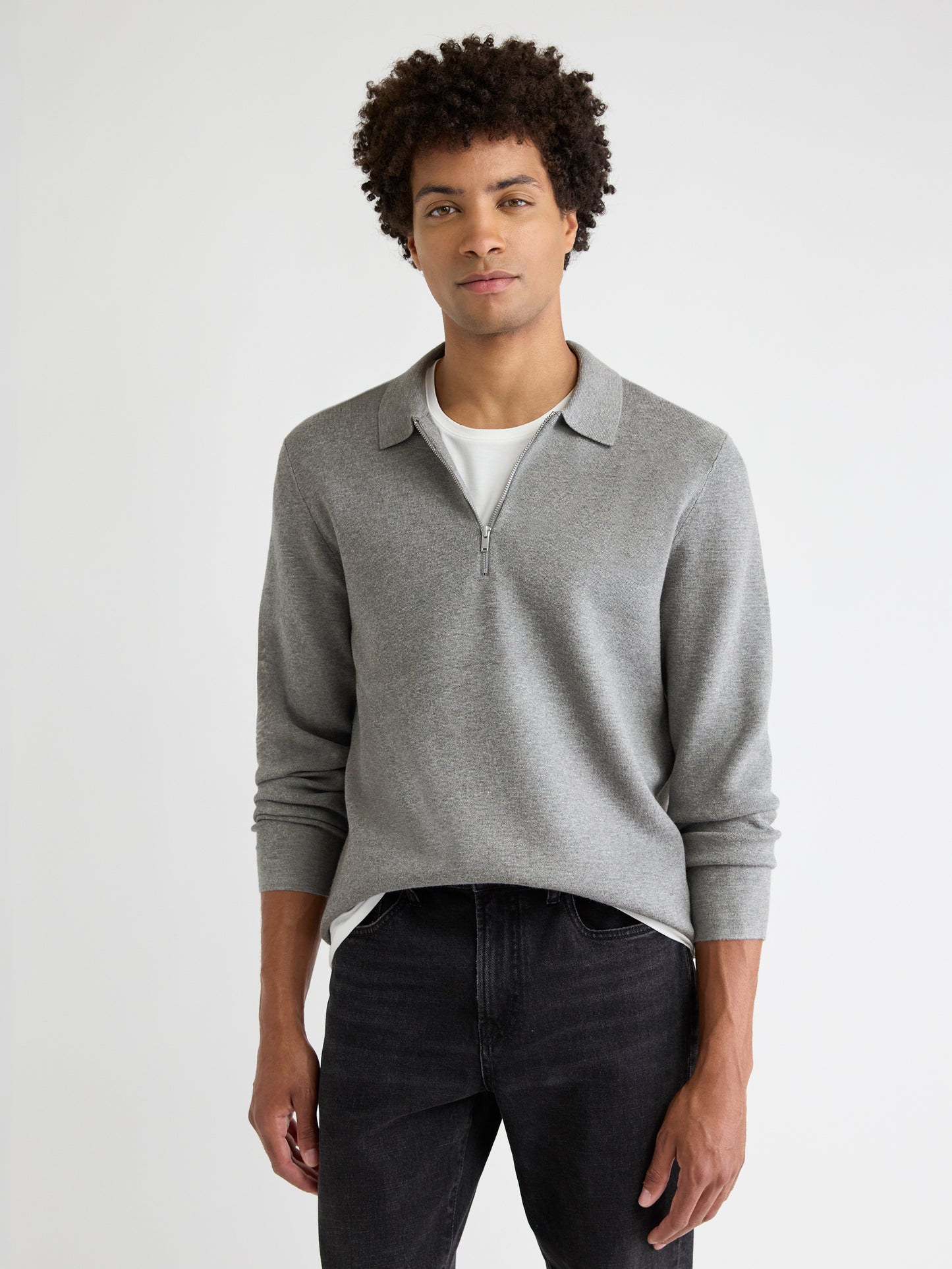 Pull Polo à Col Zippé à Manches Longues