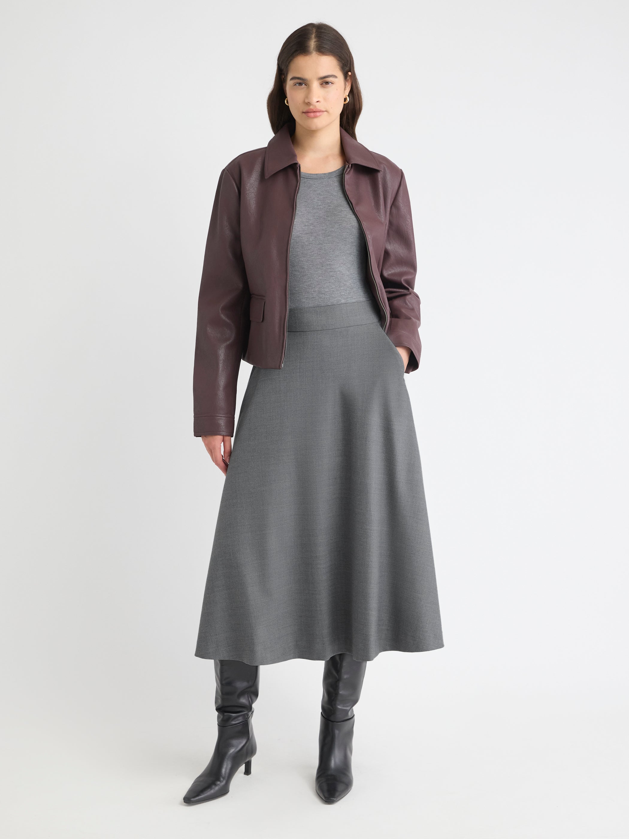 Jupe Midi Évasée à Taille Haute en Mélange de Laine