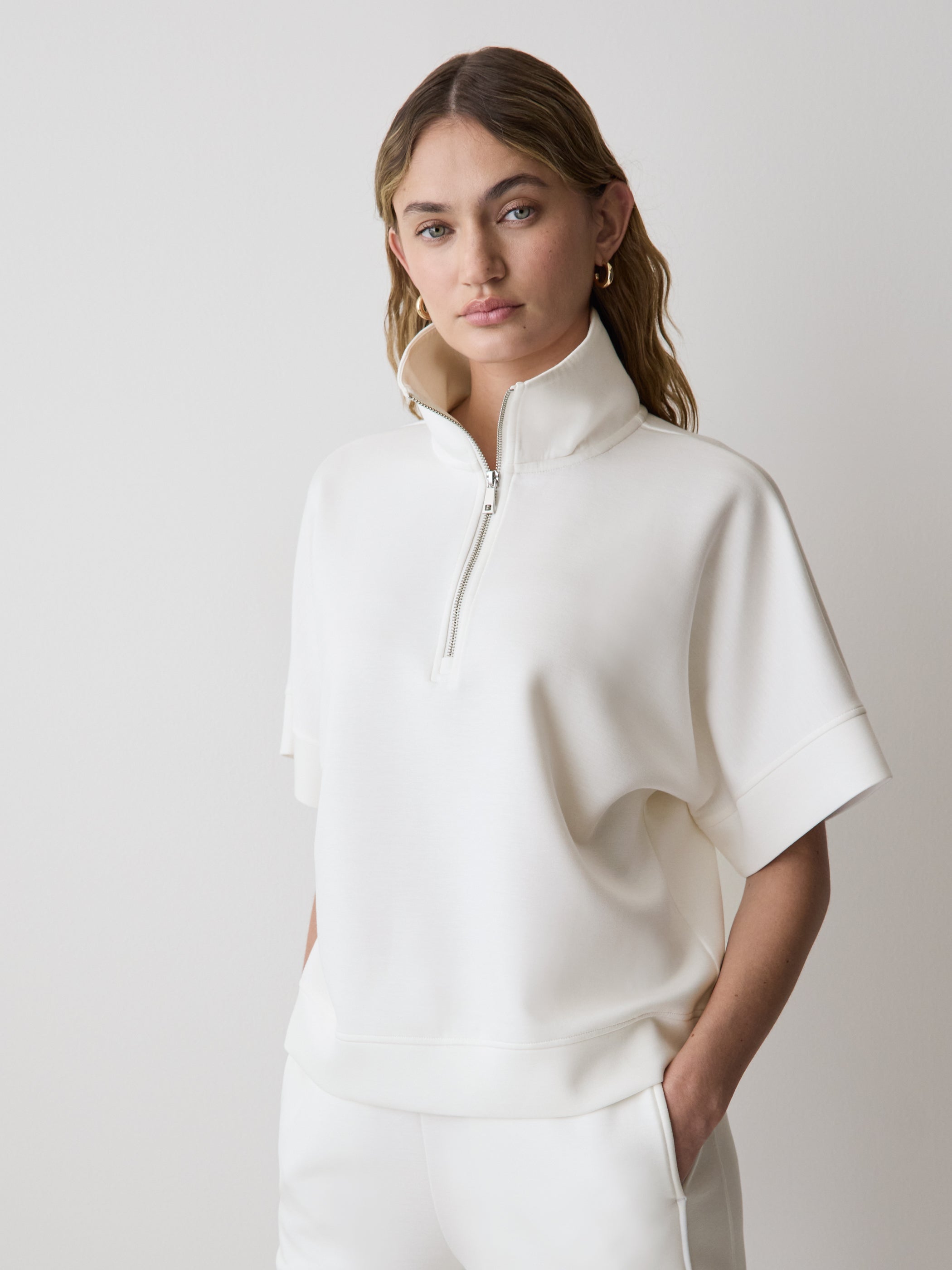 RUFFLOG HALF ZIP MOCK NECK SHIRT ホワイト Women's Half-Zip Mock-Neck Knit Top 3/4 Sleeve – RW&CO