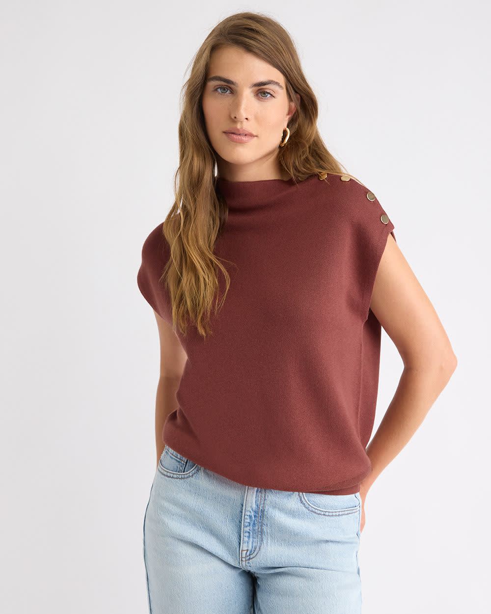 Sleeveless Mock-Neck Sweater with Buttons at Shoulder