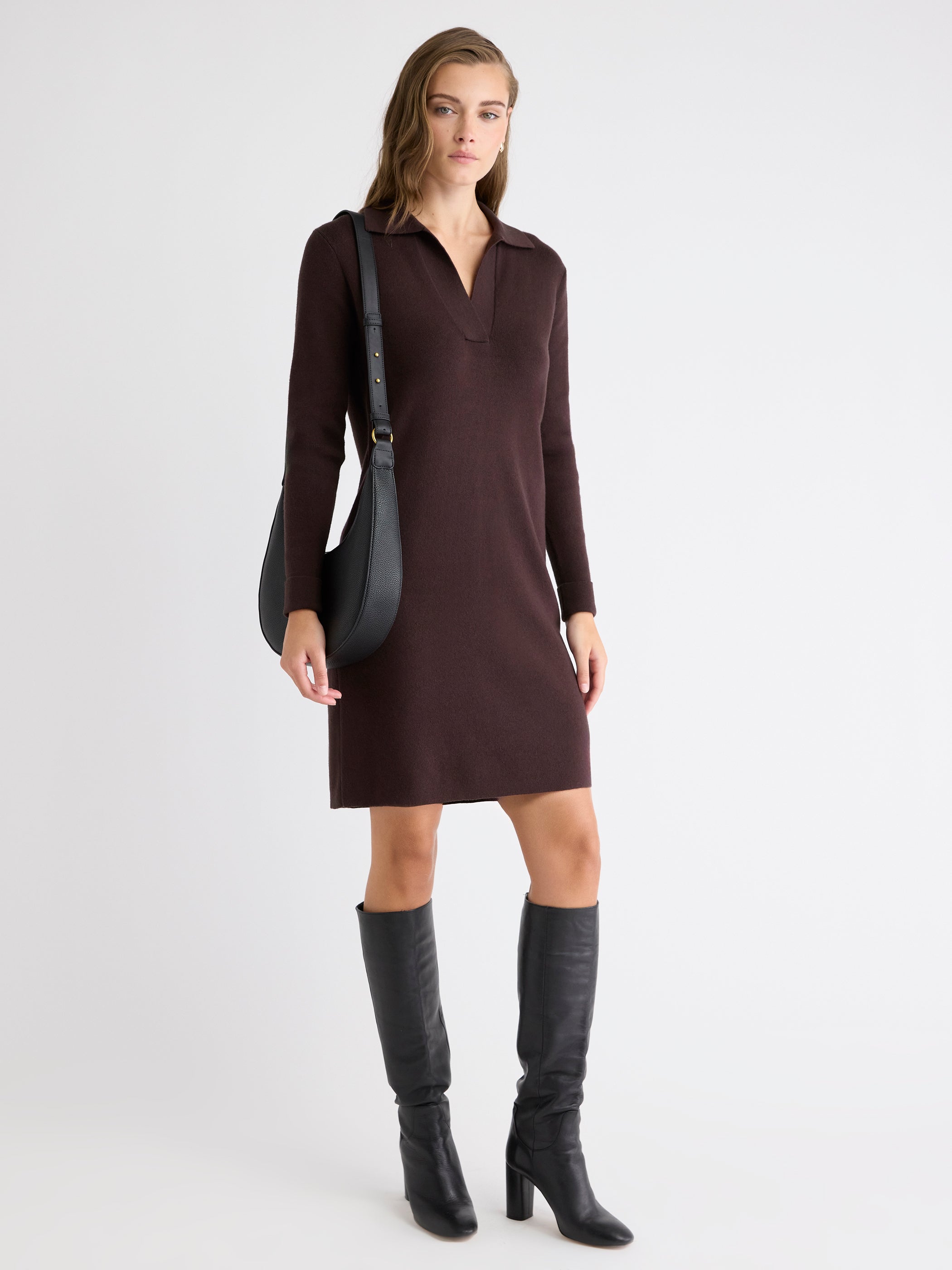 Mini-Robe en Tricot à Manches Longues et Col Johnny