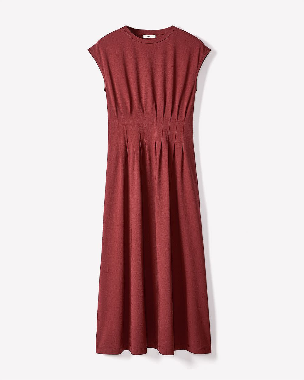 Robe Midi à Nervures à Manches Courtes et Col Rond