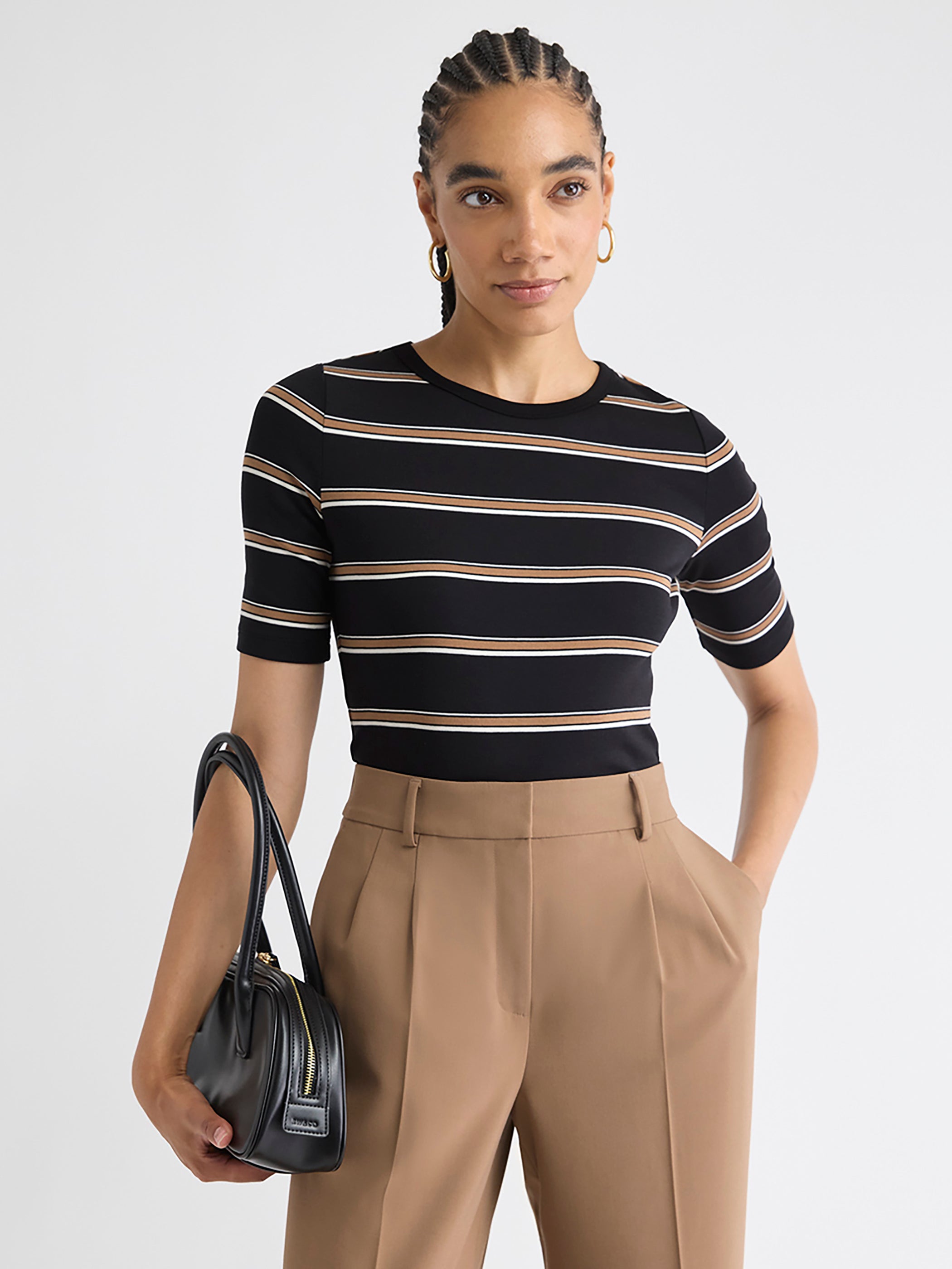 Striped Elbow-Sleeve Crew-Neck Fitted Tee