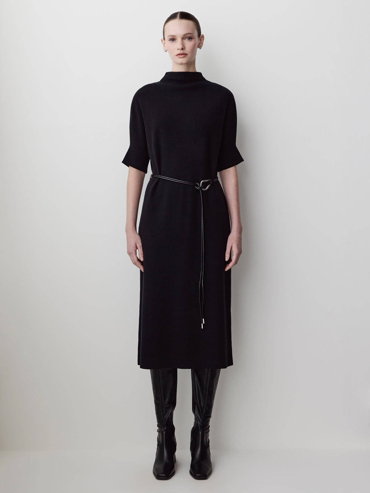 3/4-Sleeve Mock-Neck Belted Midi Dress