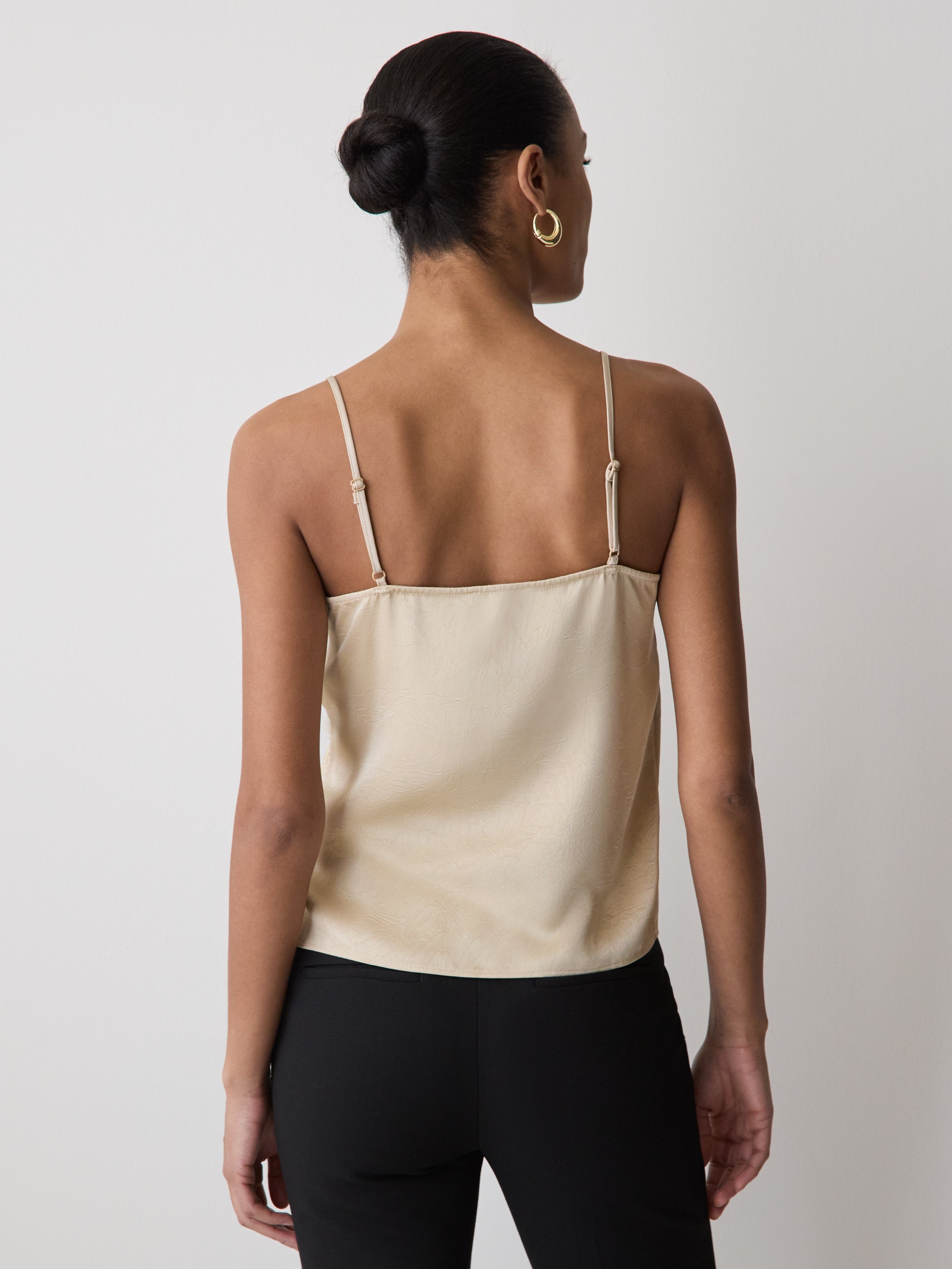 Sleeveless V-Neck Satin Blouse with Lace Trim